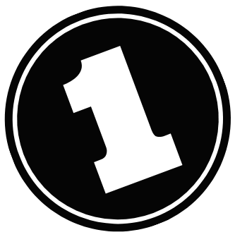 A black circular background with a white number one in the center.