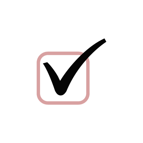 Check mark inside a square with rounded edges and a pink border.