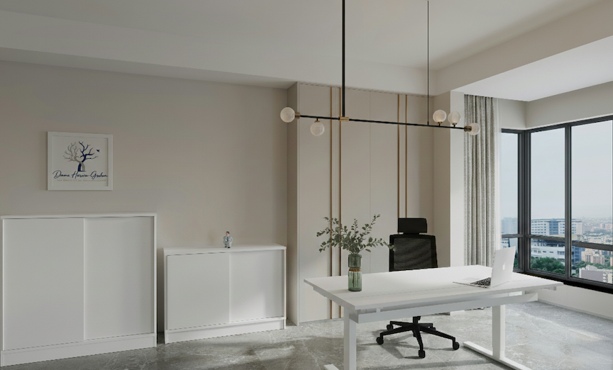 Modern office with white desk, black office chair, large window, and minimalist decor.