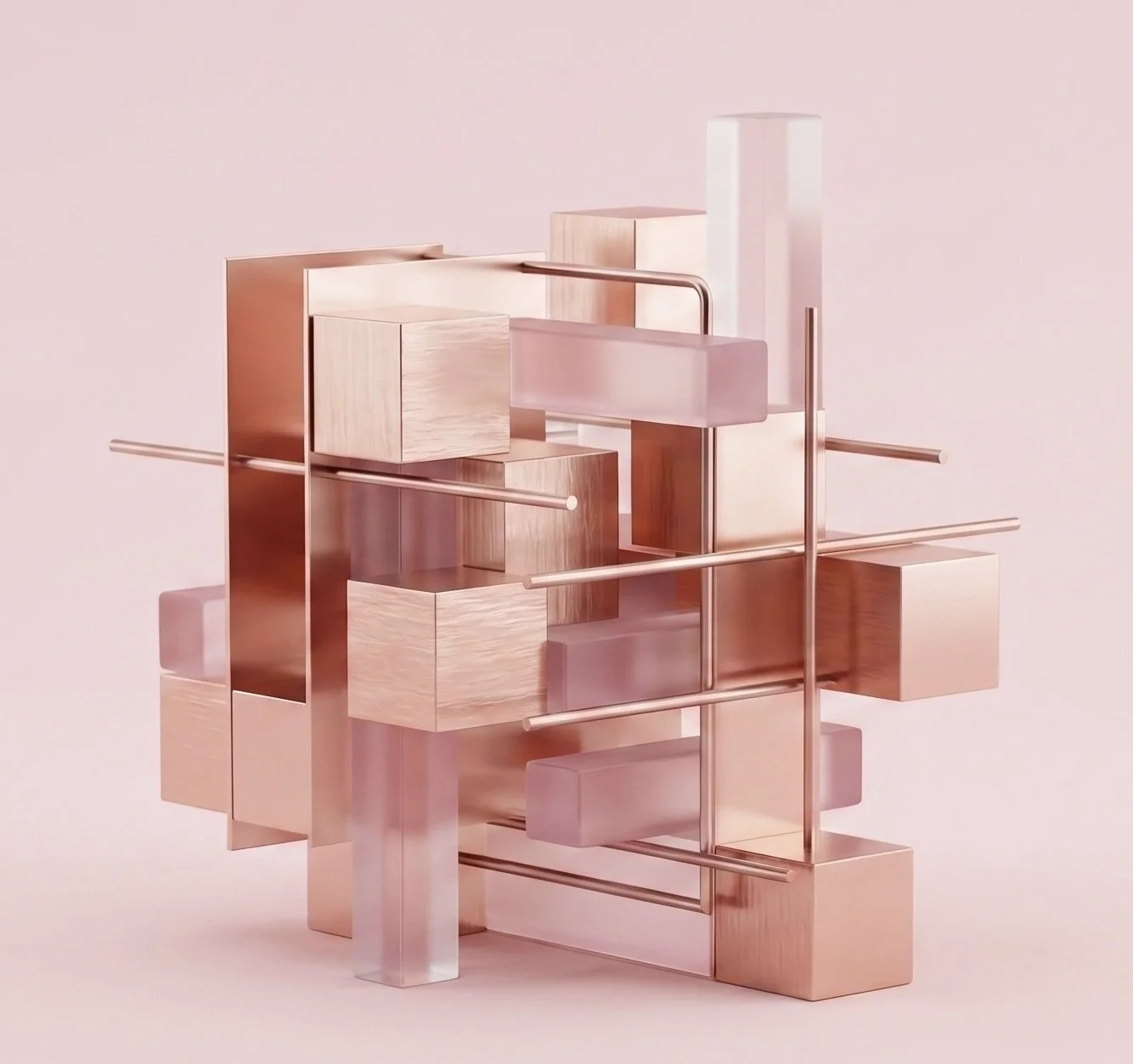 Abstract modern sculpture with pink and rose gold metallic and wood elements on a light pink background