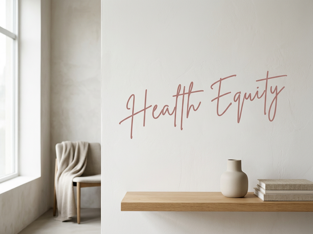 Interior of a room with a wall decorated with the words 'Health Equity' in pink cursive. There is a wooden shelf below the words holding a beige vase and a stack of books. In the background, a chair with a beige blanket draped over it near a window.