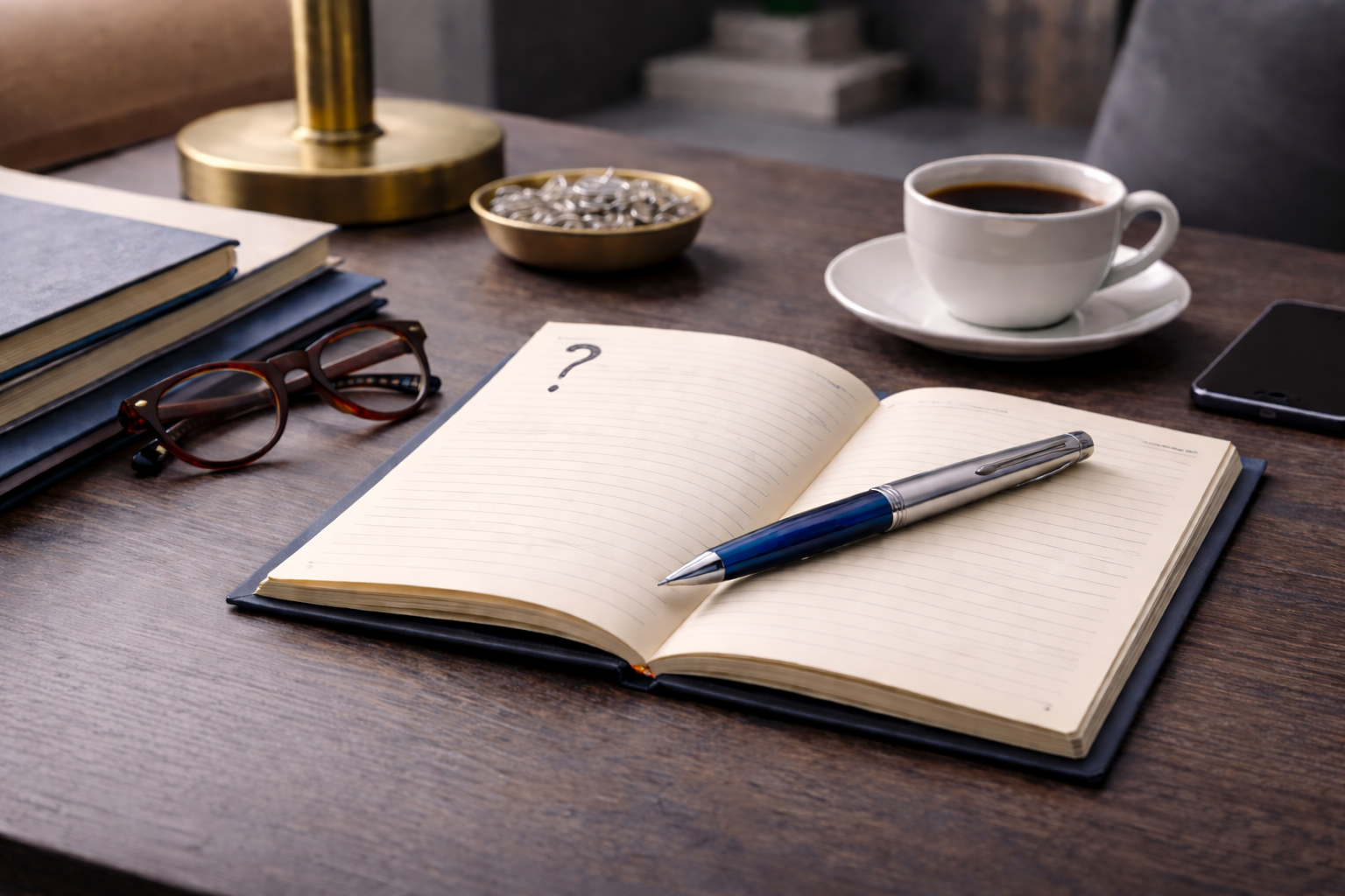 Open notebook with a question mark and a pen on a wooden desk with glasses, a cup of coffee, a smartphone, and stacked books.