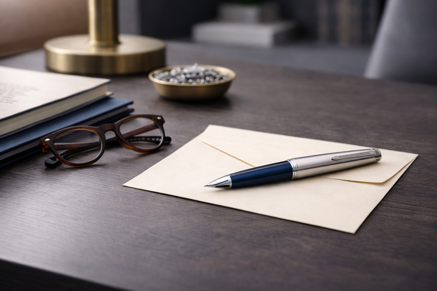 A desk with a fountain pen on a cream envelope, glasses, a stack of books, a gold lamp, and a small bowl of coins.