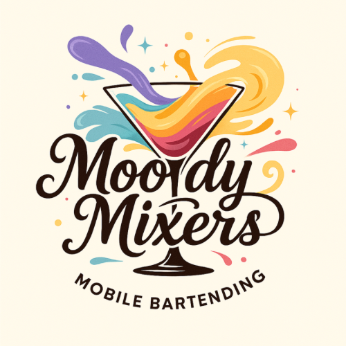 This is a colorful picture of Moody Mixers with a Martini Shaped Glass with the words Moody Mixers Mobile Bartending. Premium mobile bartending experience with handcrafted drinks and upscale event setup