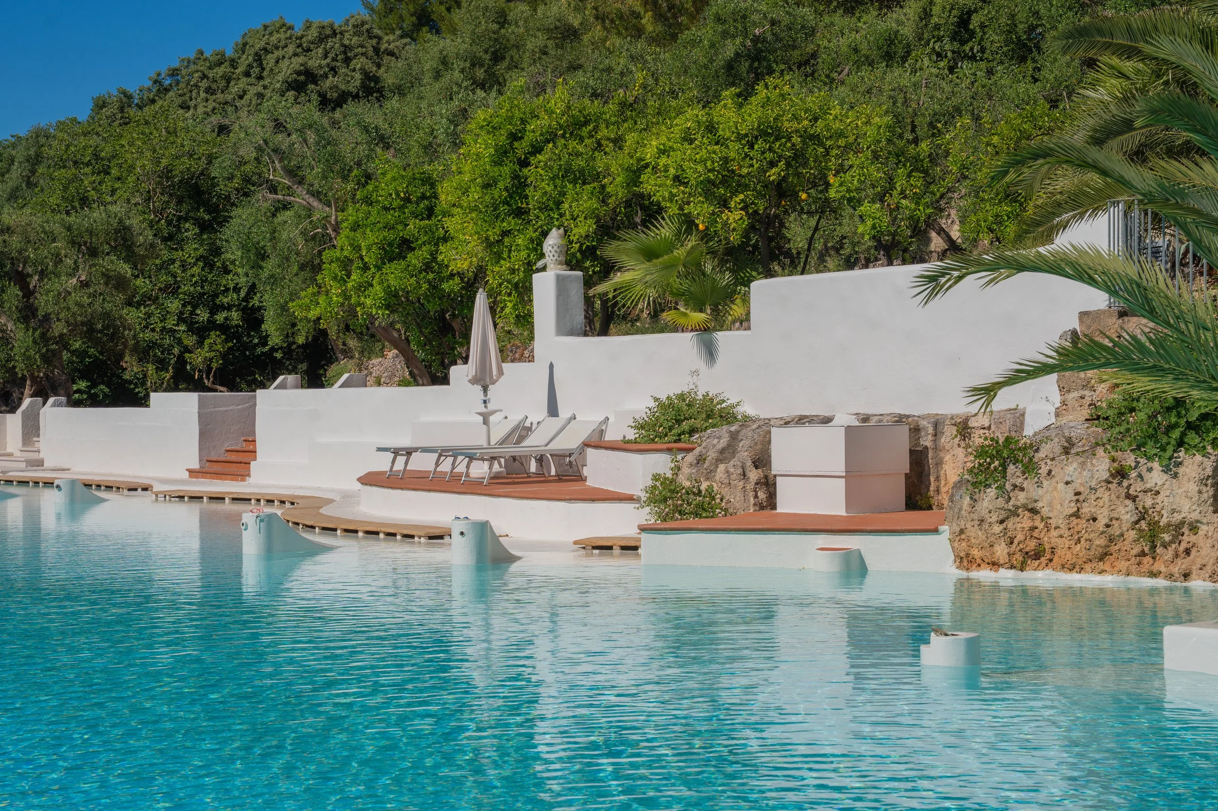 A swimming pool with turquoise water, surrounded by white walls and ledges, set against a backdrop of lush green trees and bushes, with a clear blue sky overhead.