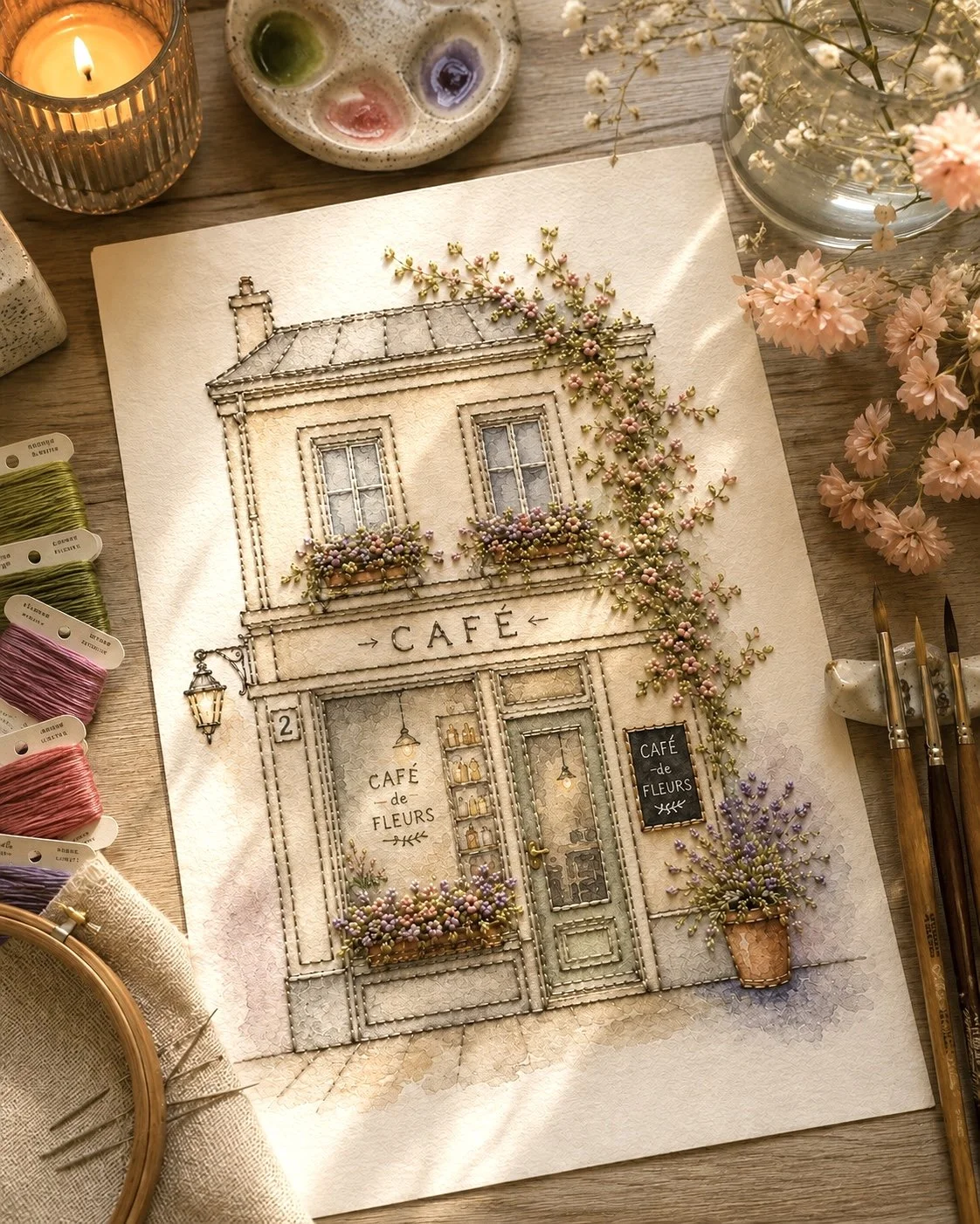 Aquarela com Bordado - Café Francês