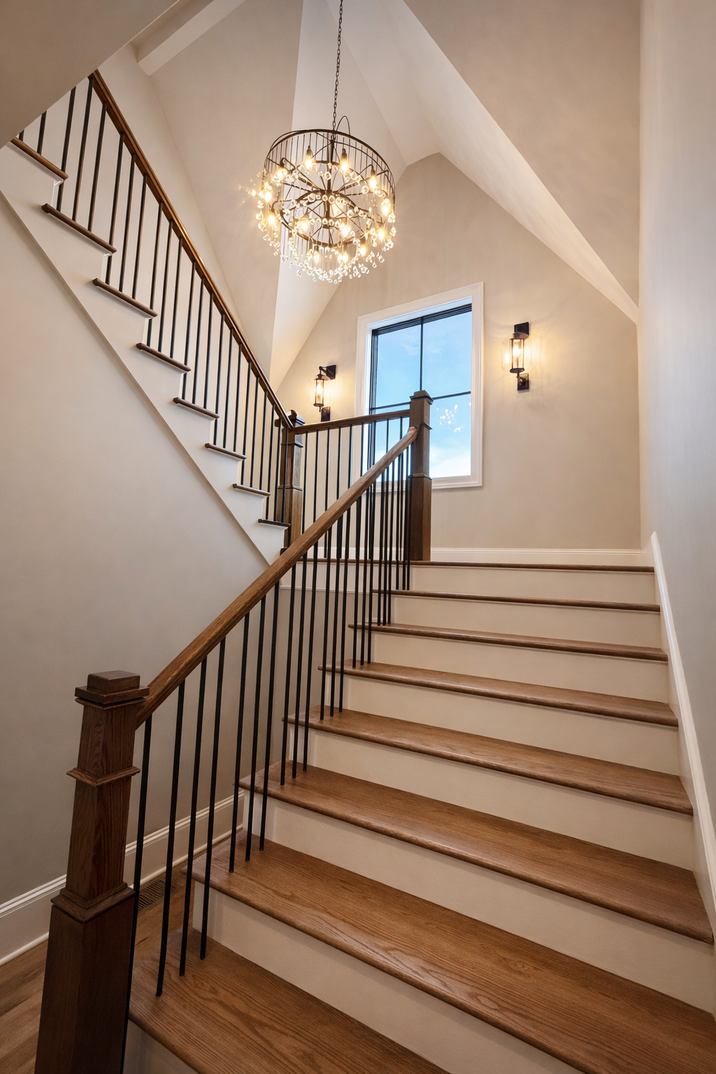 Interior view of a staircase with wooden steps, a wooden handrail, black metal balusters, a chandelier hanging from the ceiling, two wall sconces, a large window with a view of the sky, and beige walls.