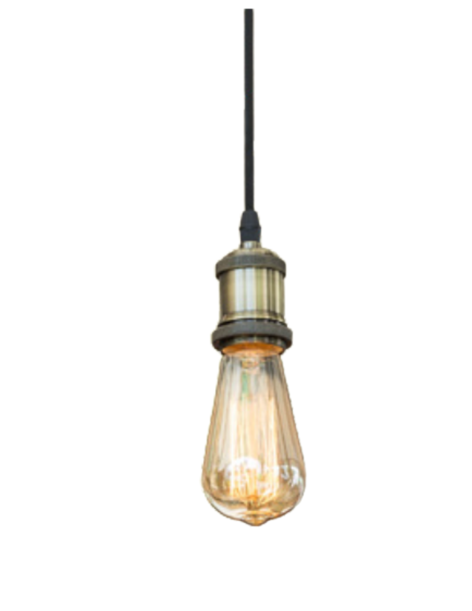 A close-up of a vintage-style Edison light bulb hanging from a black cord.
