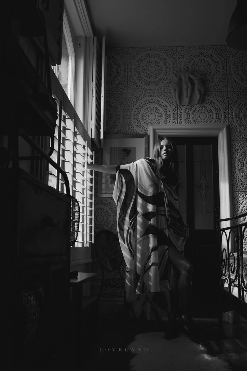 Model Macy Griffiths in patterned Zara chiffon kaftan. Bond vesper themed creative fashion editorial photo shoot, David Loveland Photography