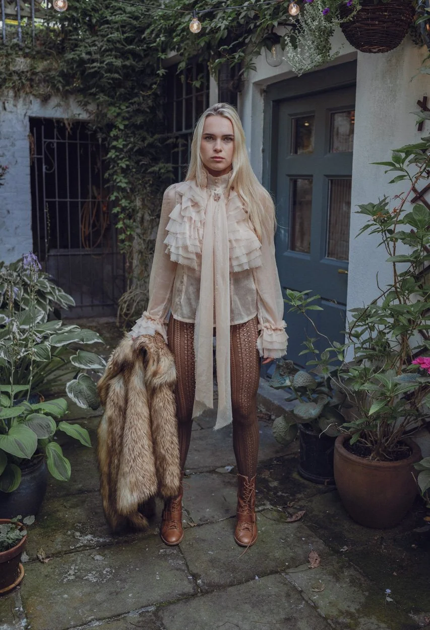 Editorial fashion shoot in the Peak District with model Amy Stubbs. Georgian architecture, stunning ruffled blouse, chocolate brown pantyhose tights fur coat. 