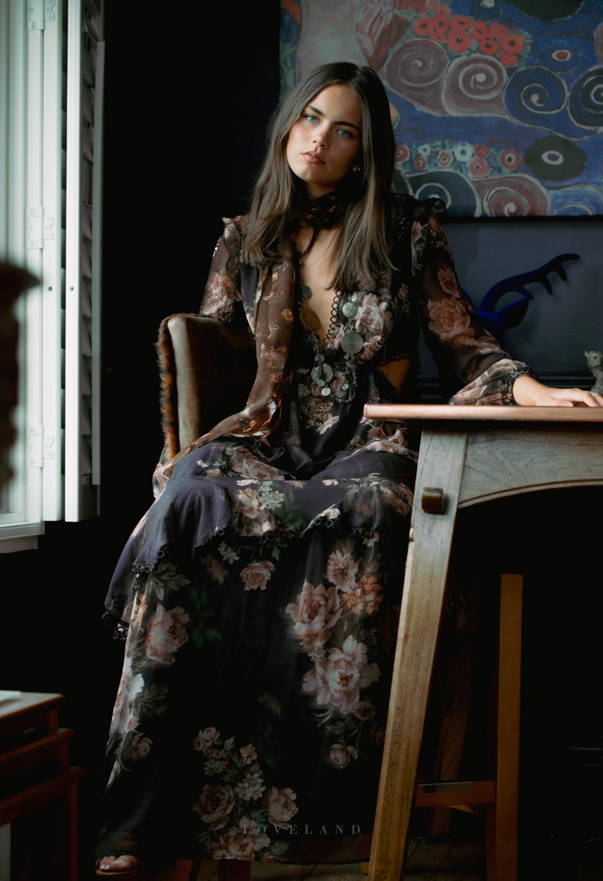 Model Macy Griffiths wearing bohemian maxi dress, chocolate brown, long brown hair, blue eyes, beautiful. David Loveland fashion Photography and Styling 