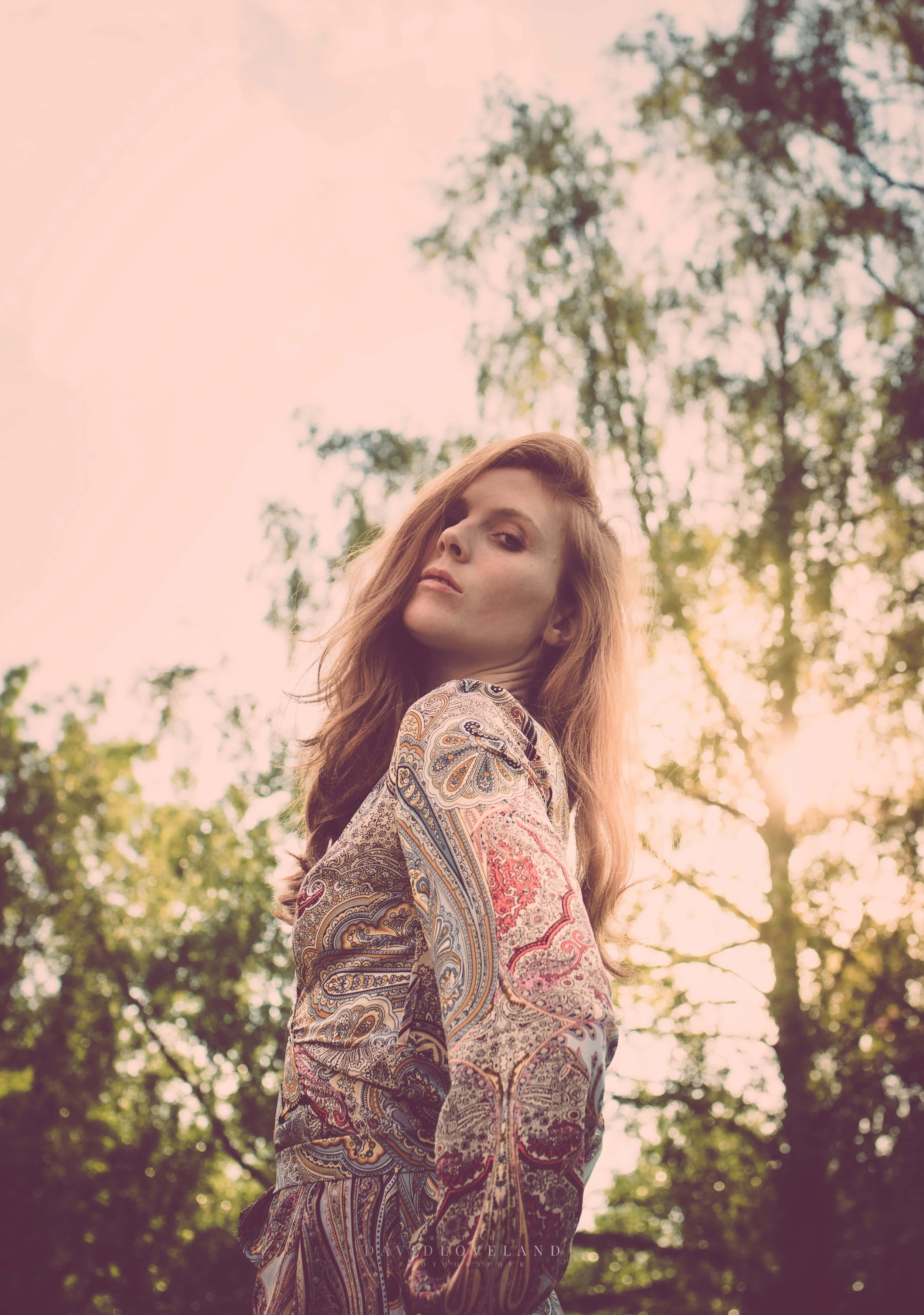 Emma Ross in Zara paisley satin dress, red hair beautiful model in editorial fashion shoot. 