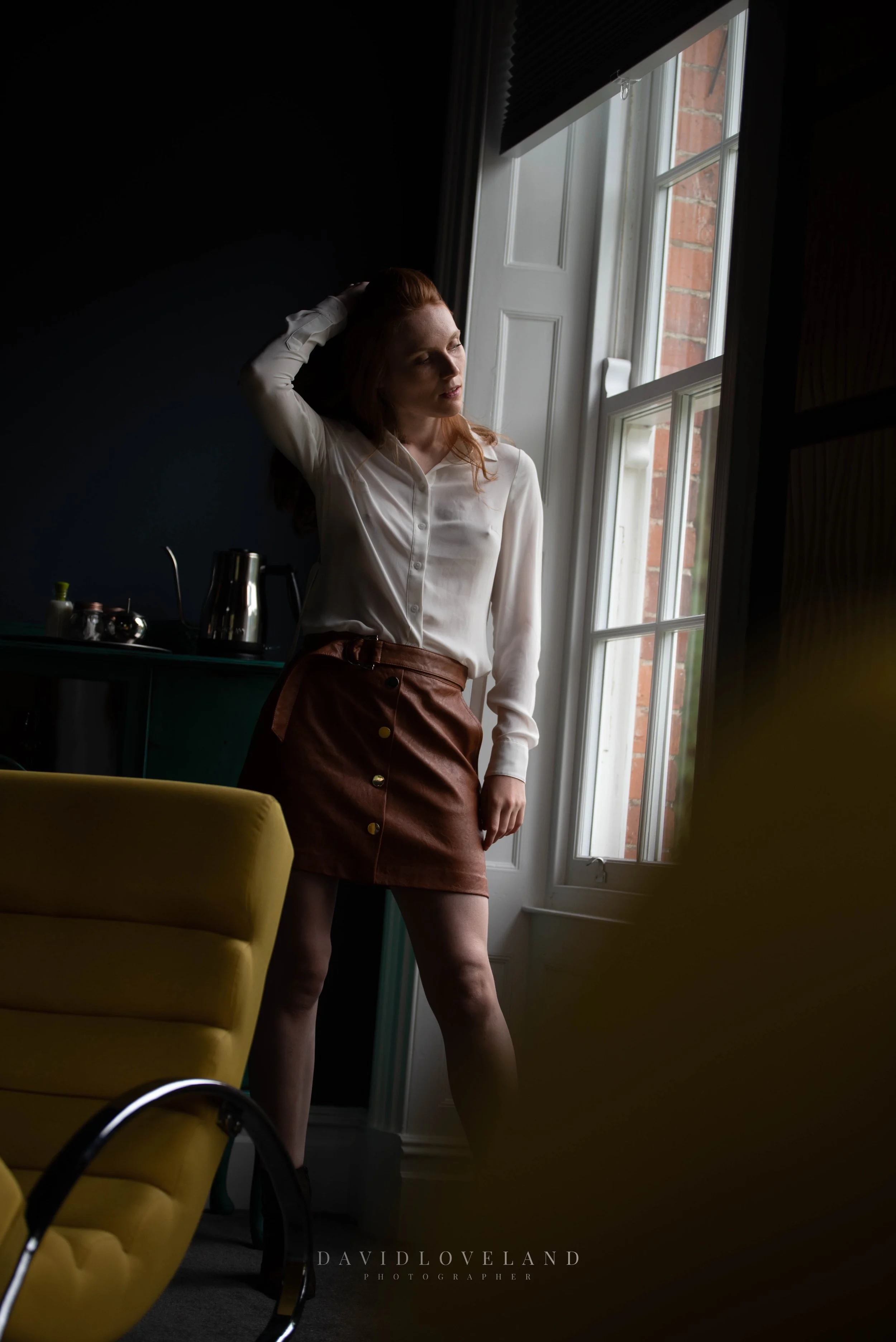 Emma Ross in Karen Millen blouse and Tan Leather mini skirt. Natural light, fashion editorial photo shoot and styling by David Loveland Photography