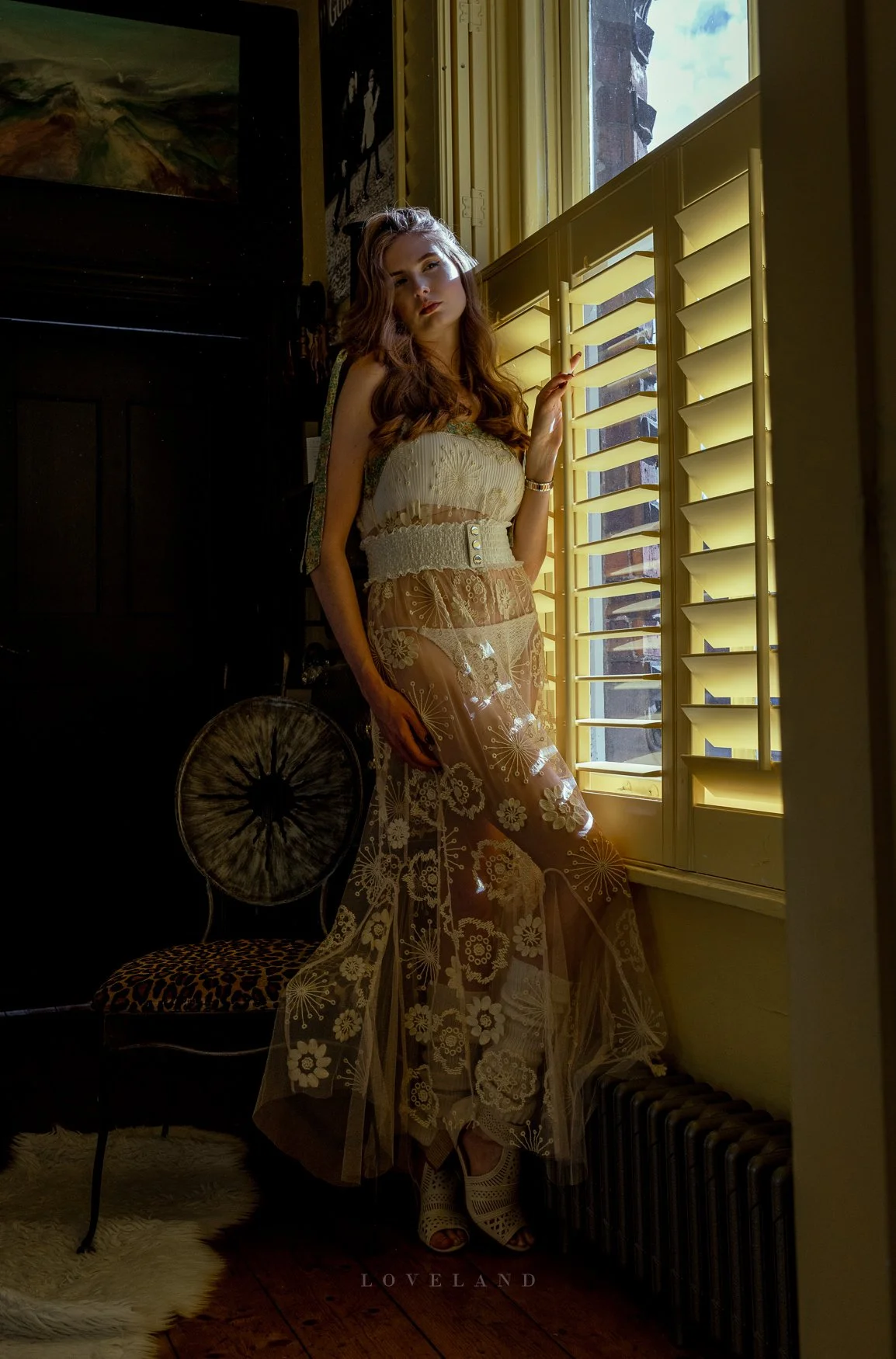 Tall beautiful woman in lace Free People Maxi dress, long legs fashion magazine editorial photo shoot. David Loveland Fashion Photography