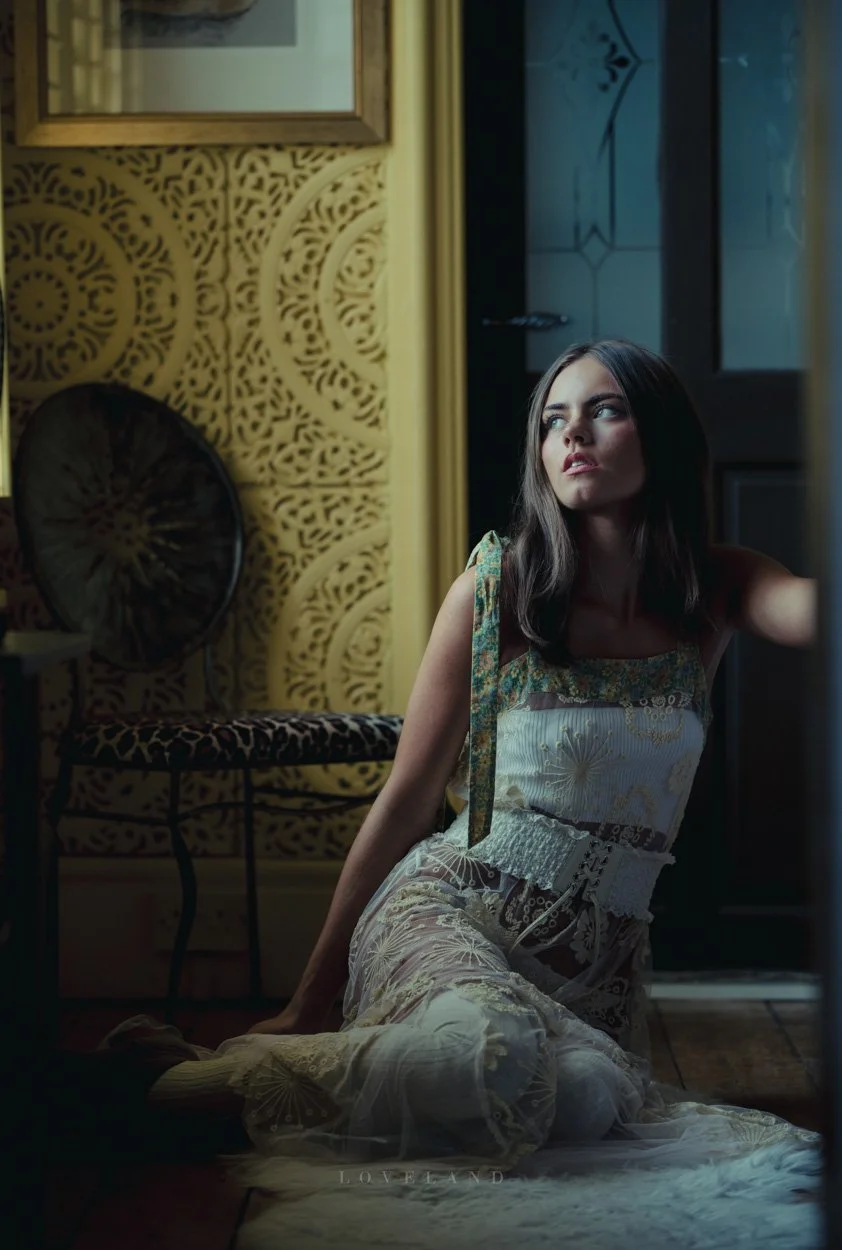 Fashion model Macy Griffiths in bohemian Free People embroidered maxi dress. Photography and styling by David Loveland Fashion Photography