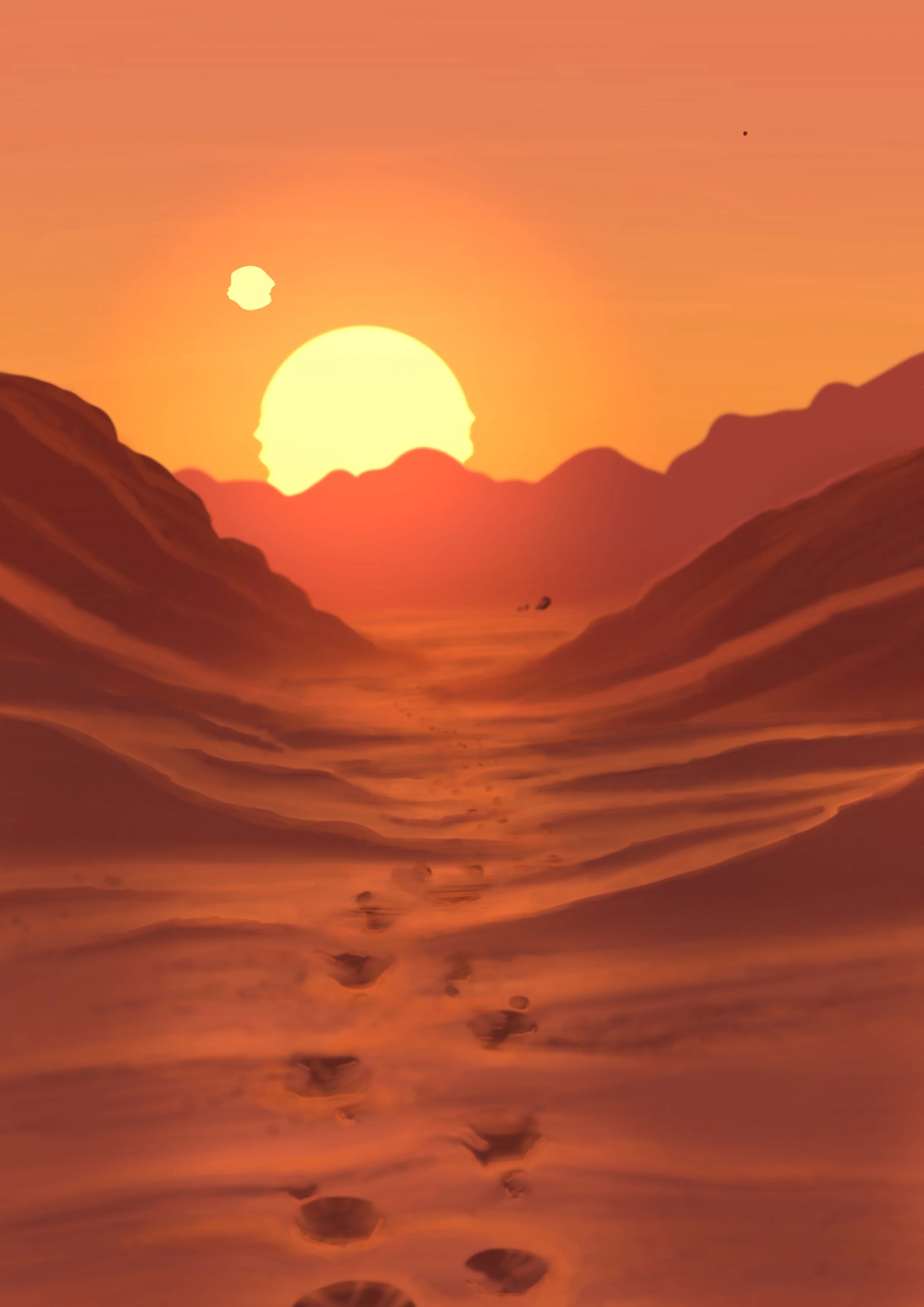 Illustration of footsteps on a desert with two suns
