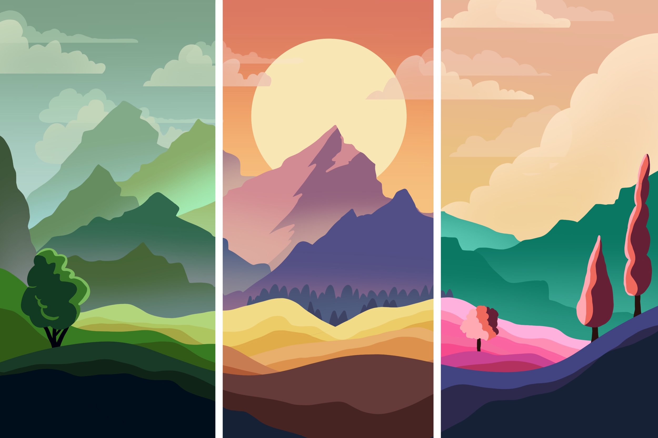 Triptych illustration of a landscape