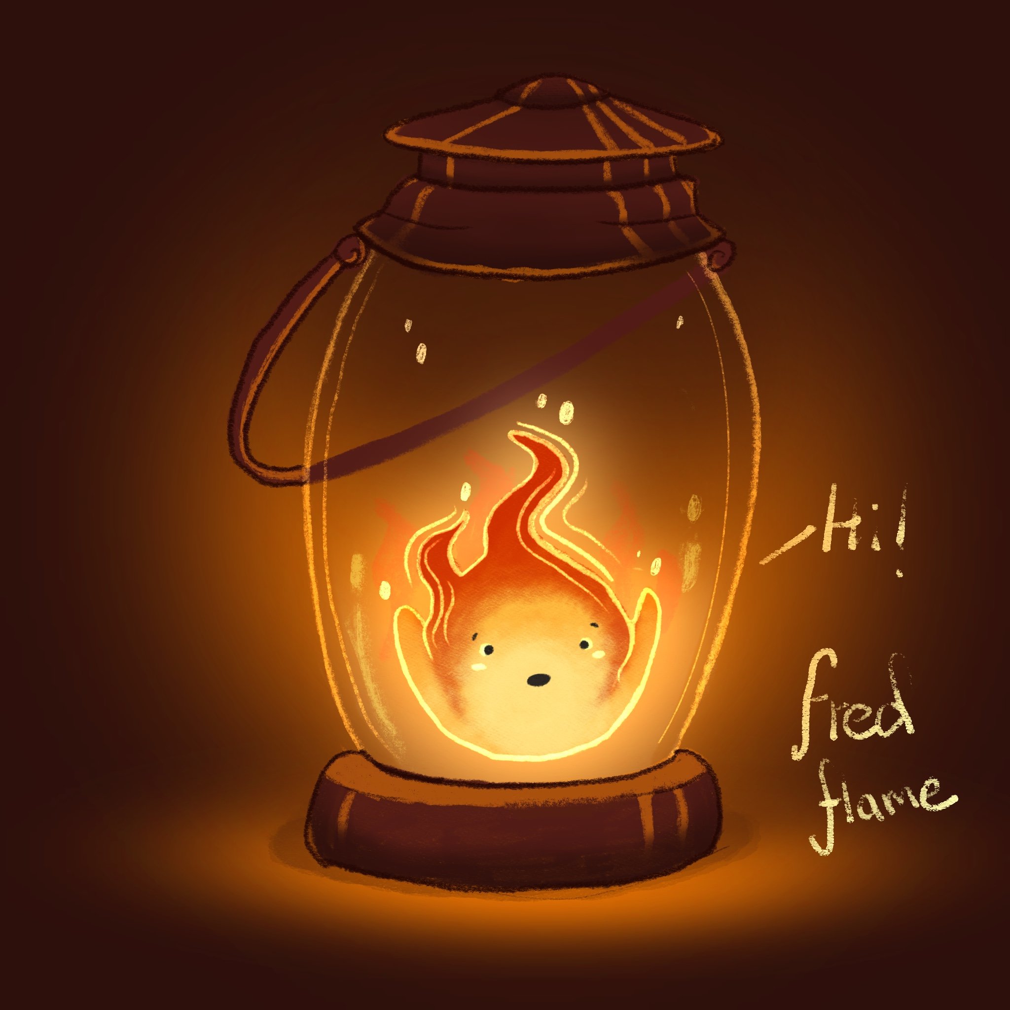 Illustration of a friendly living flame in a lantern