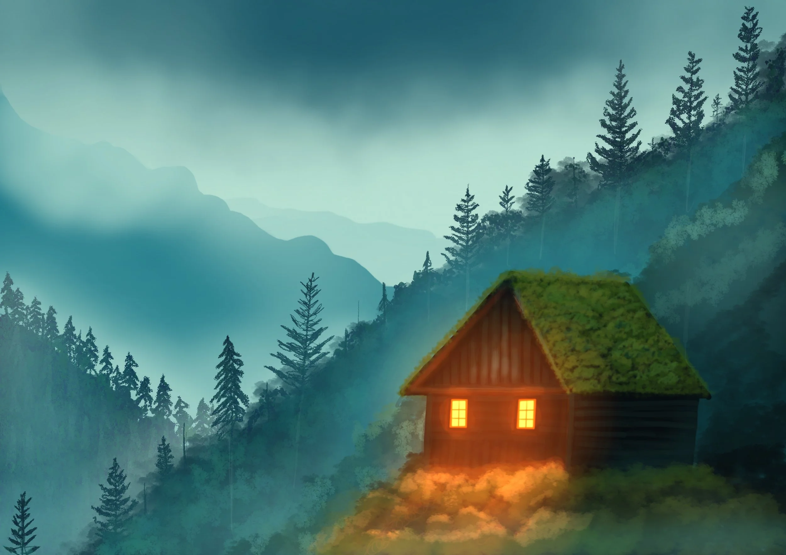 Illustration of a cabin on the side of a forested mountain