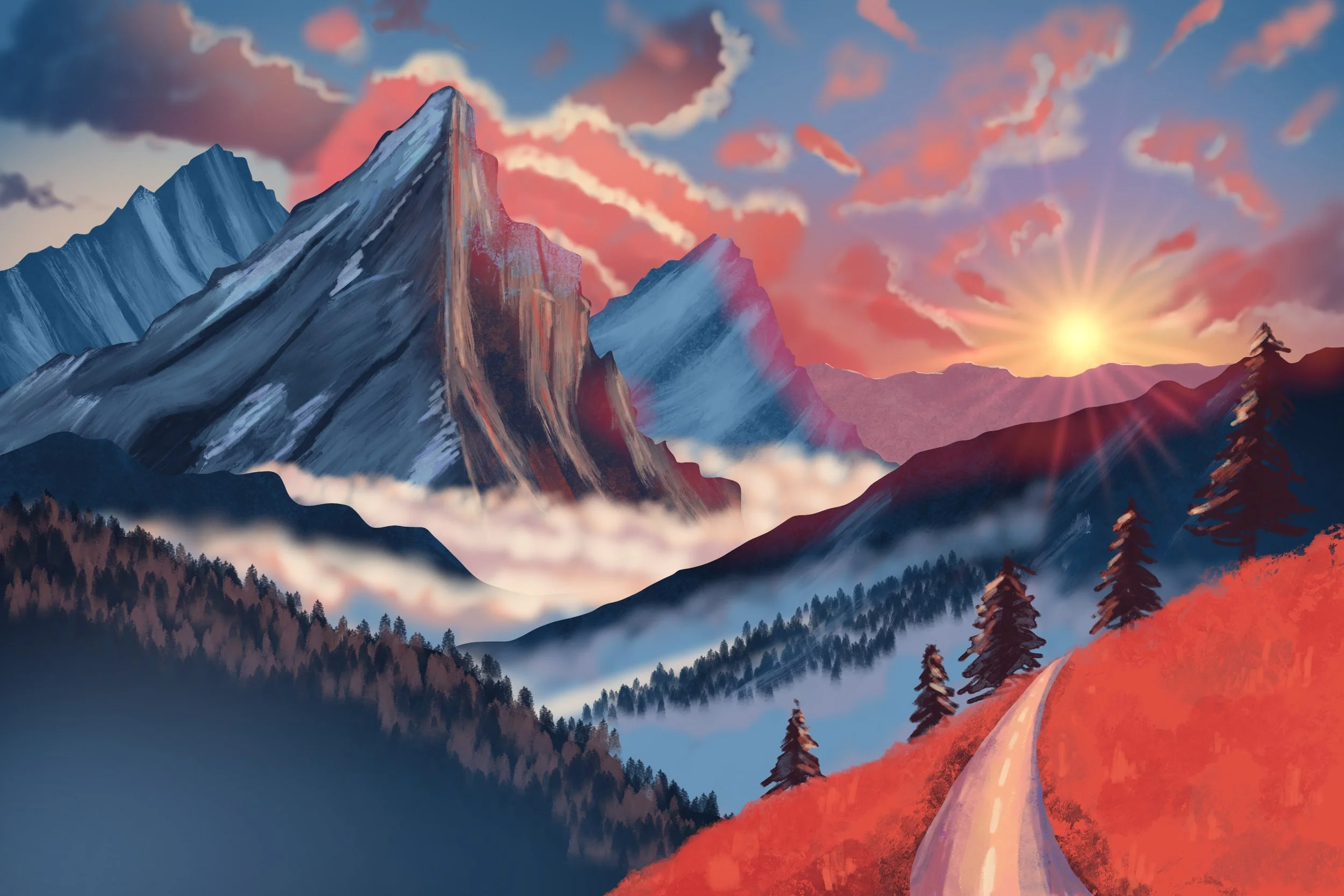 Illustration of a mountain scene at sunset