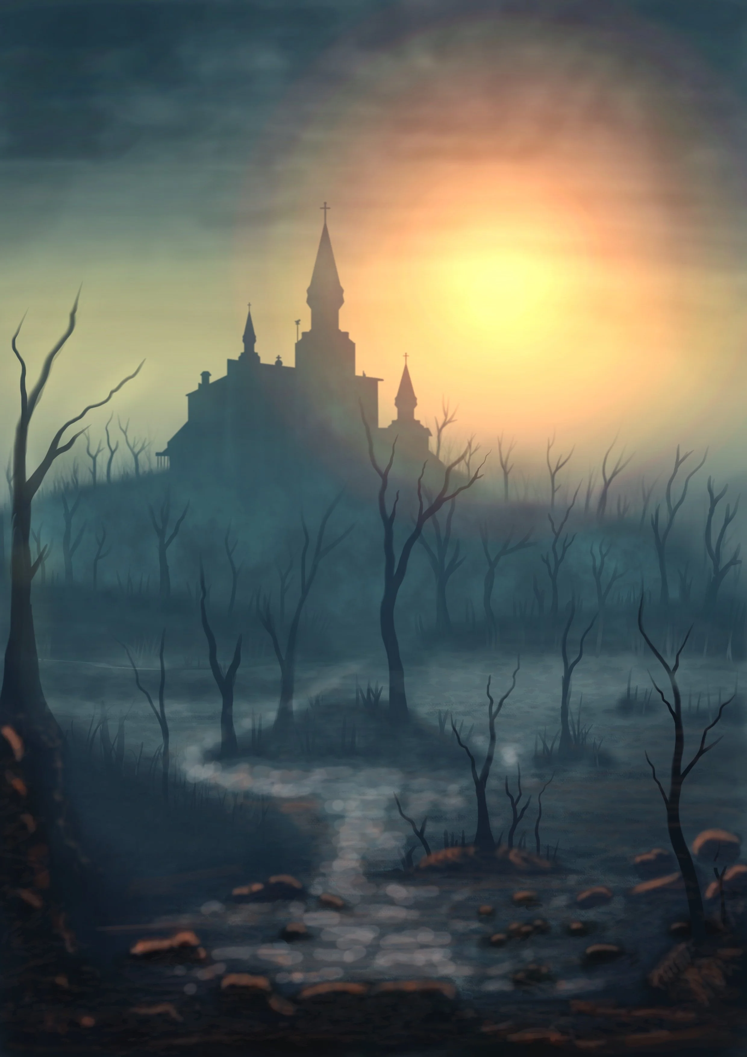 Misty landscape with a castle silhouetted in the background