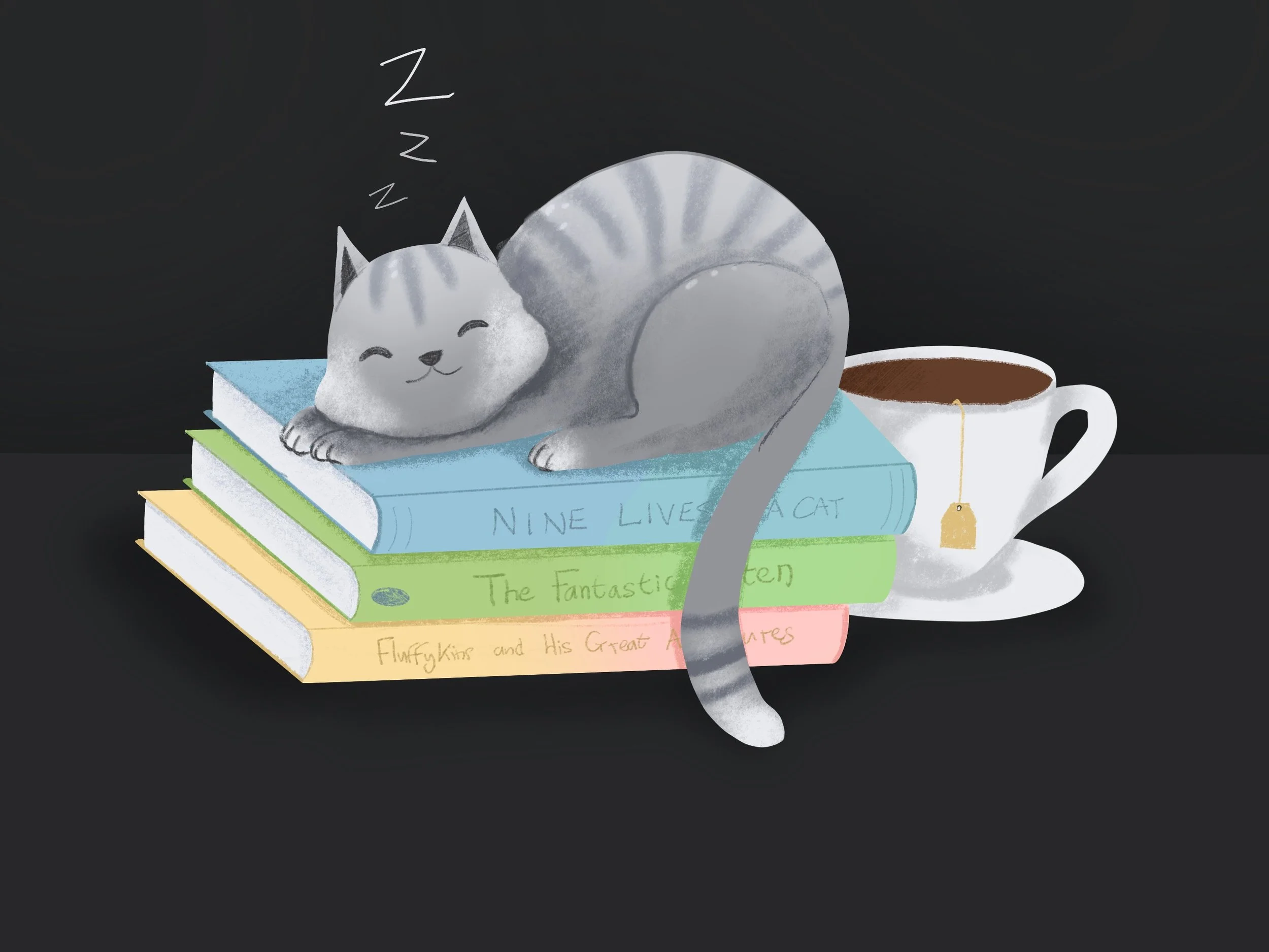 Illustration of a snoozing cat on a pile of books with a cup of tea in the background