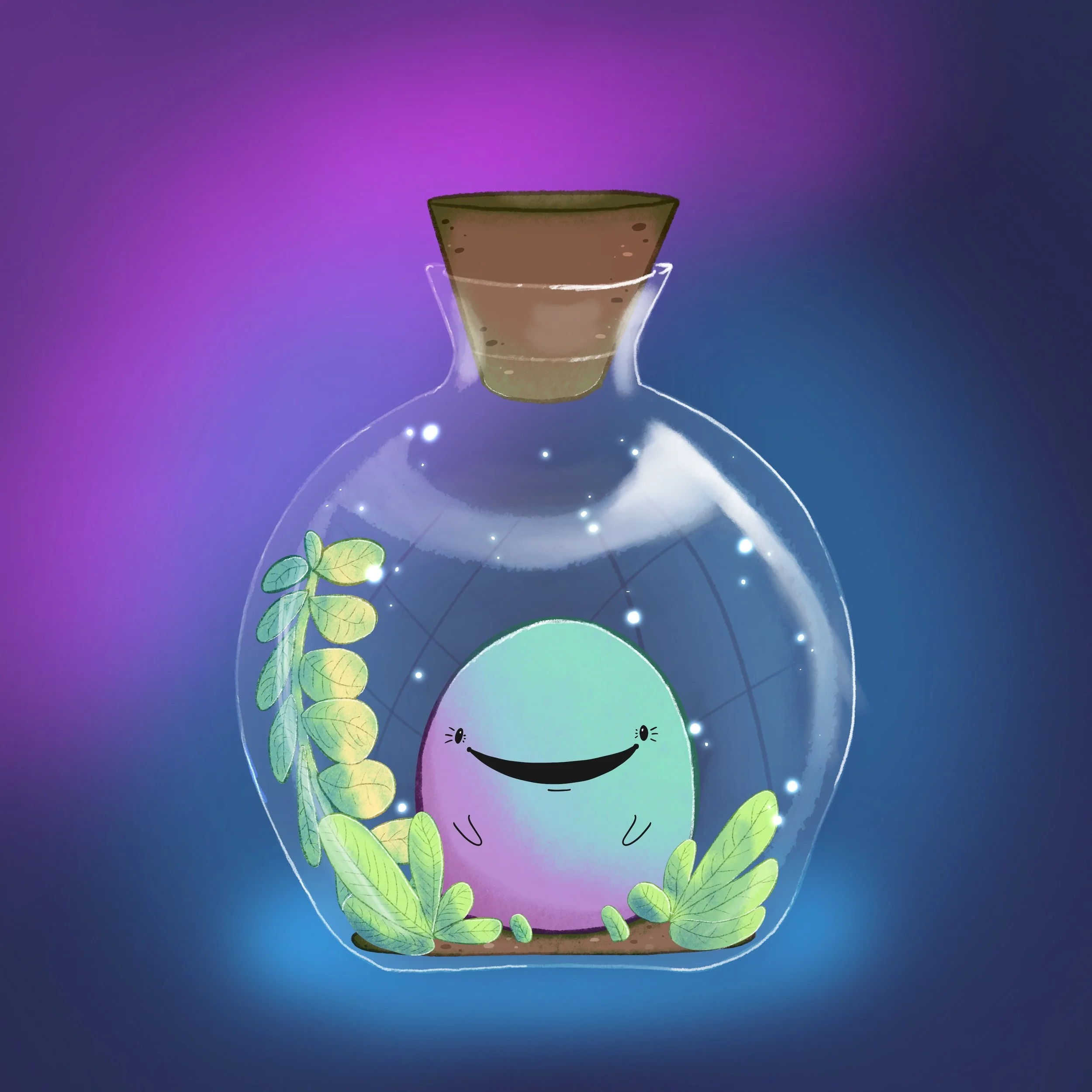Illustration of a cute smiling monster in a jar
