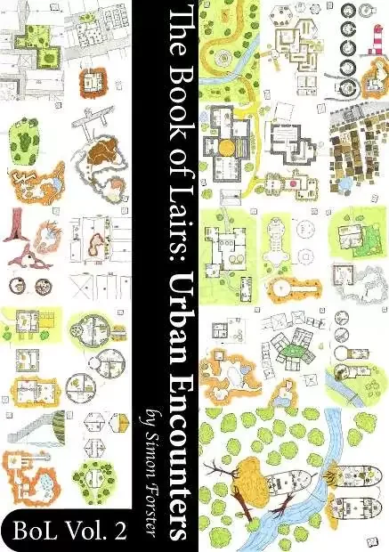 The Book of Lairs: Urban Encounters is a collection of 25 lairs in an urban environment, with full-colour maps, map details and monster statistics. It uses the Adventurer, Conqueror, King System (ACKS) for its mechanics, but is easily adapted to othe