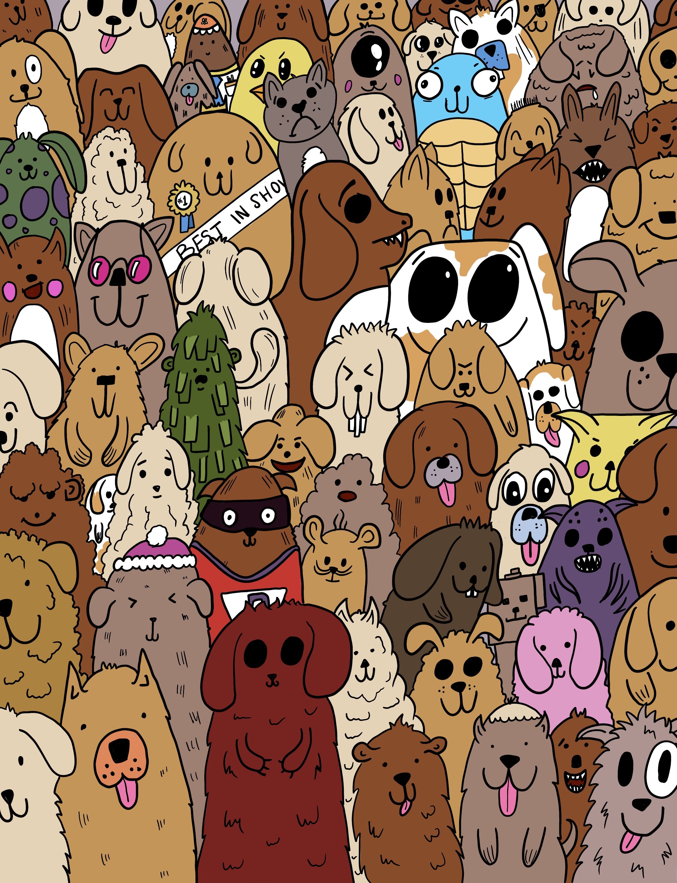 Illustration of lots of weird cartoon dogs