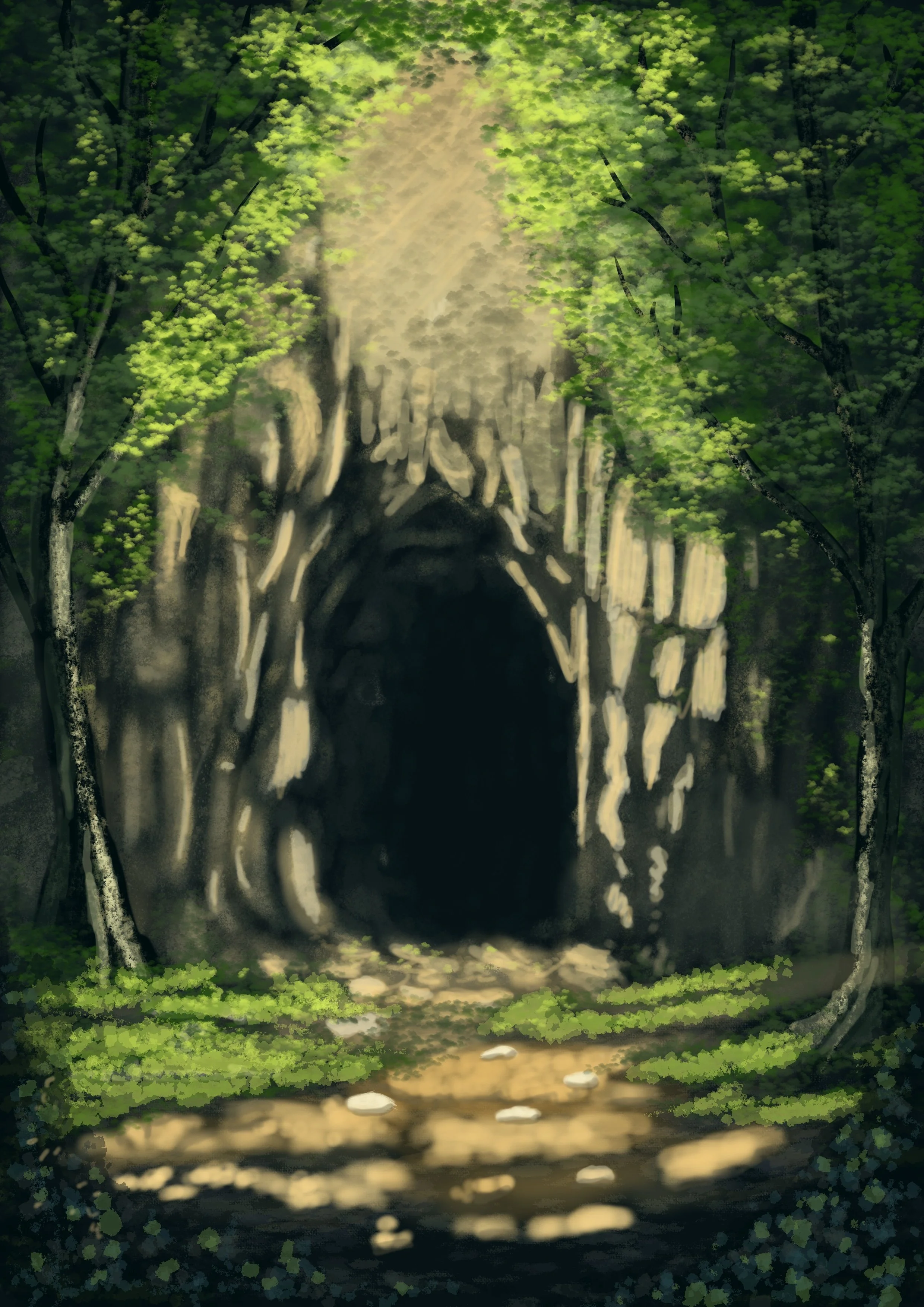 Painterly illustration of a cave
