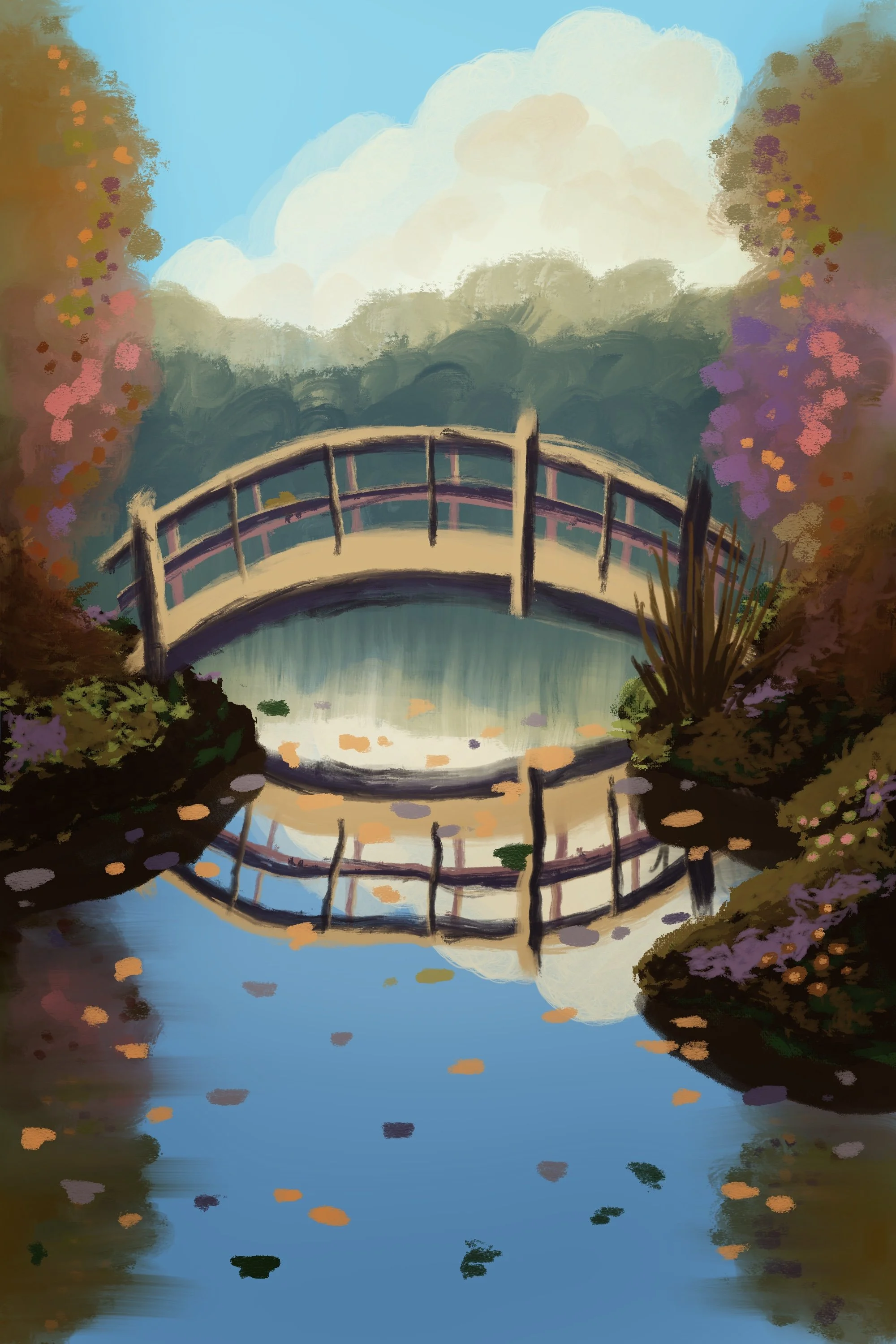 Illustration of a painting, a bridge over a river