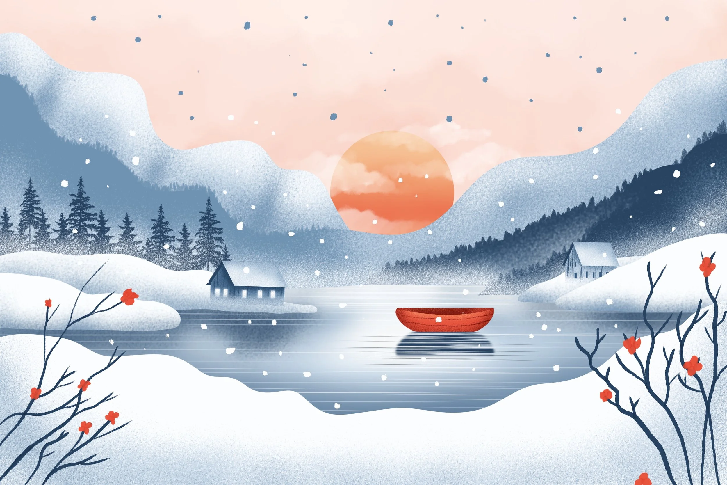 Illustration of a wintery scene with a boat on a lake
