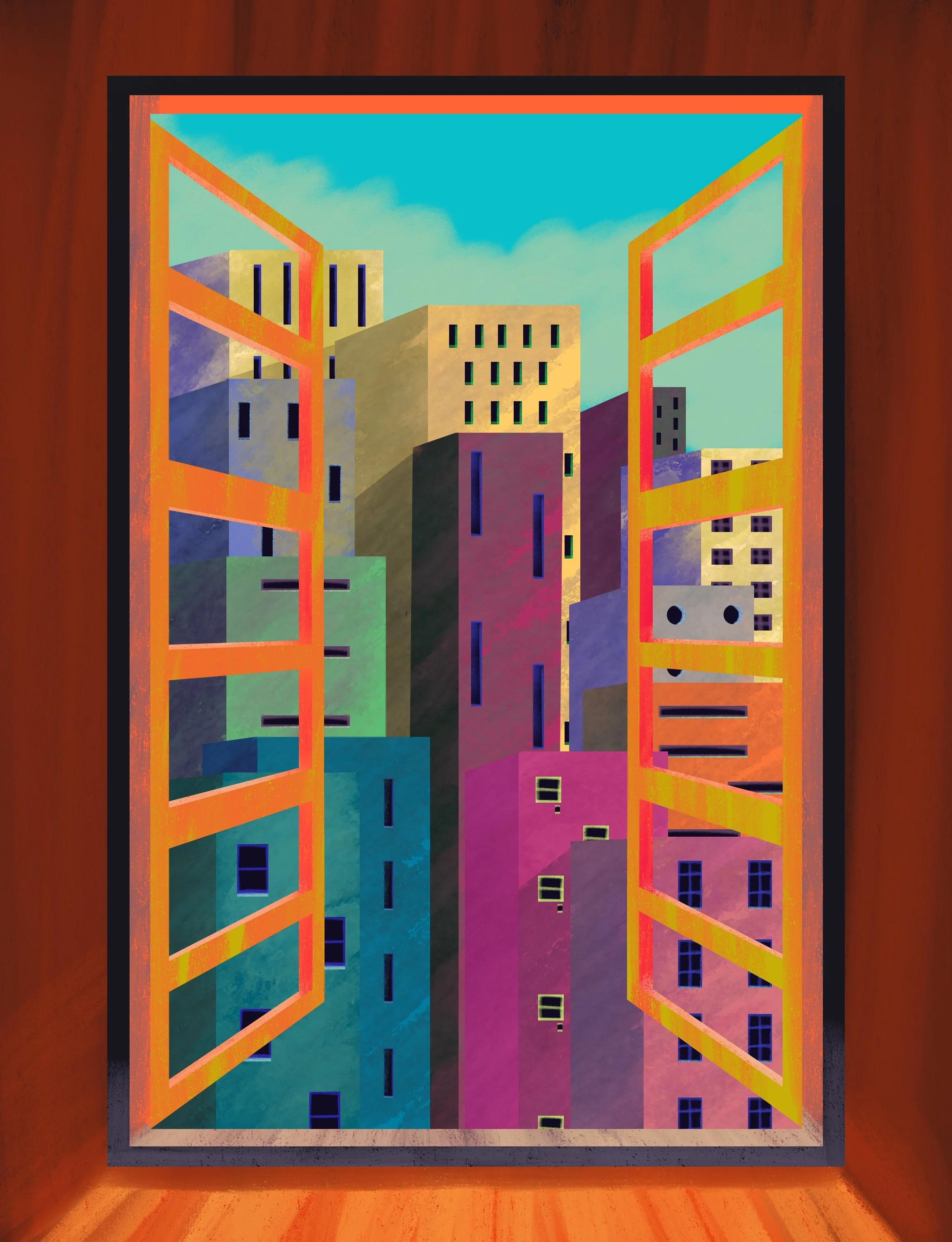 Illustration of a city seen through a window