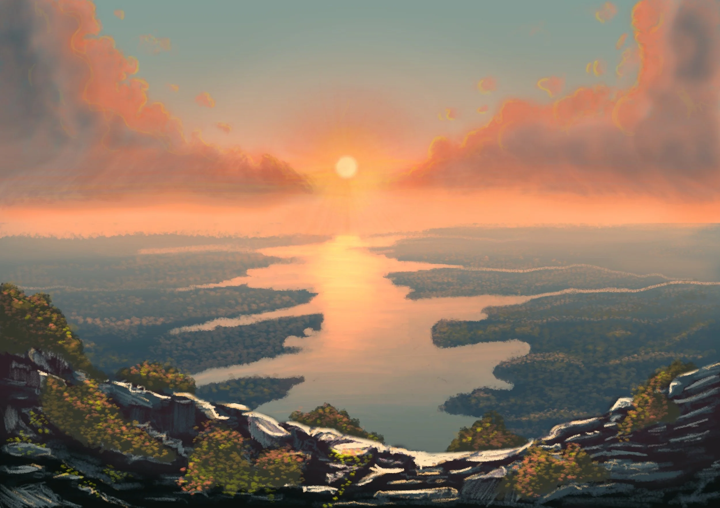 Illustration of clifftop view of a river
