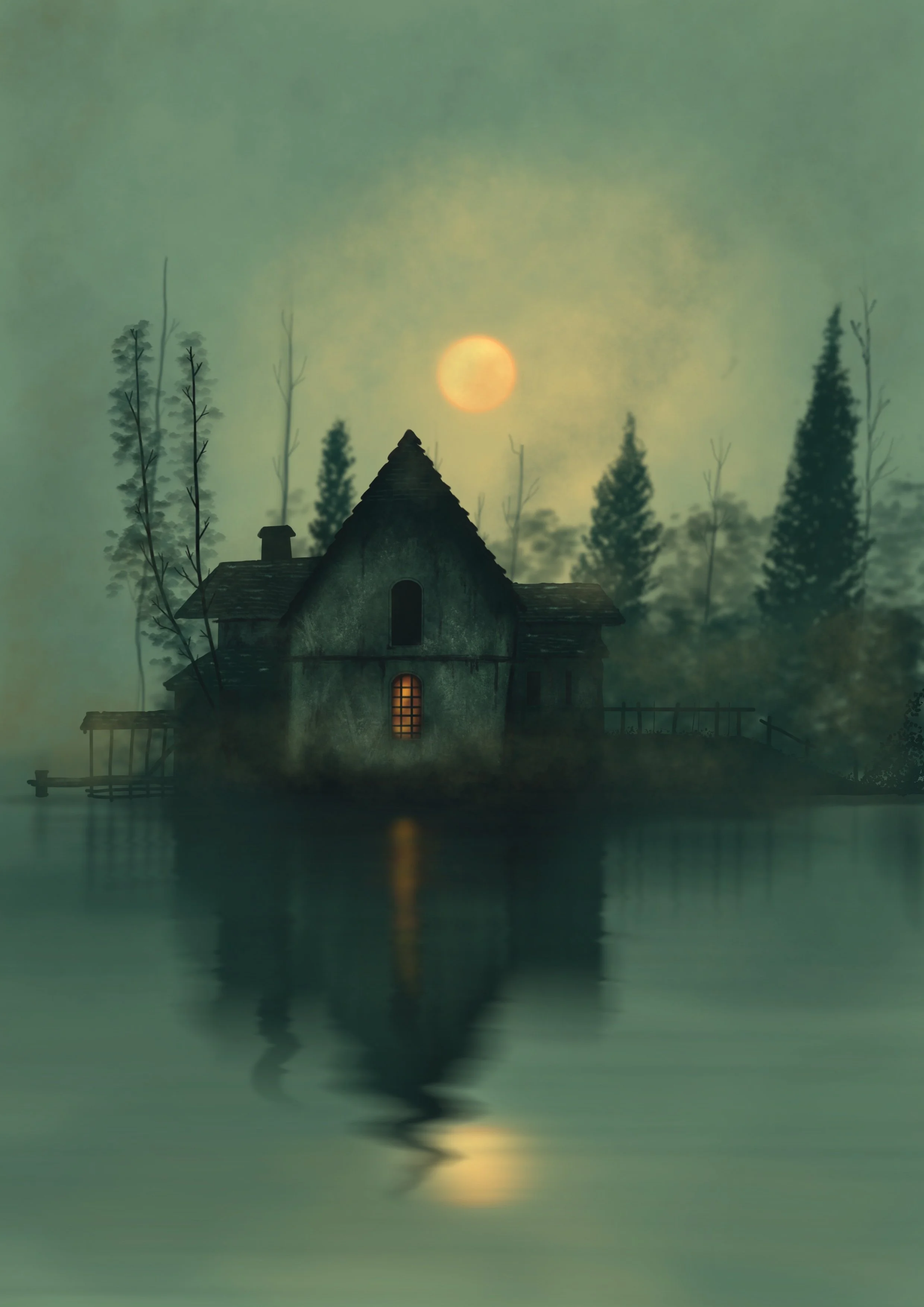 Spooky lakeside cabin