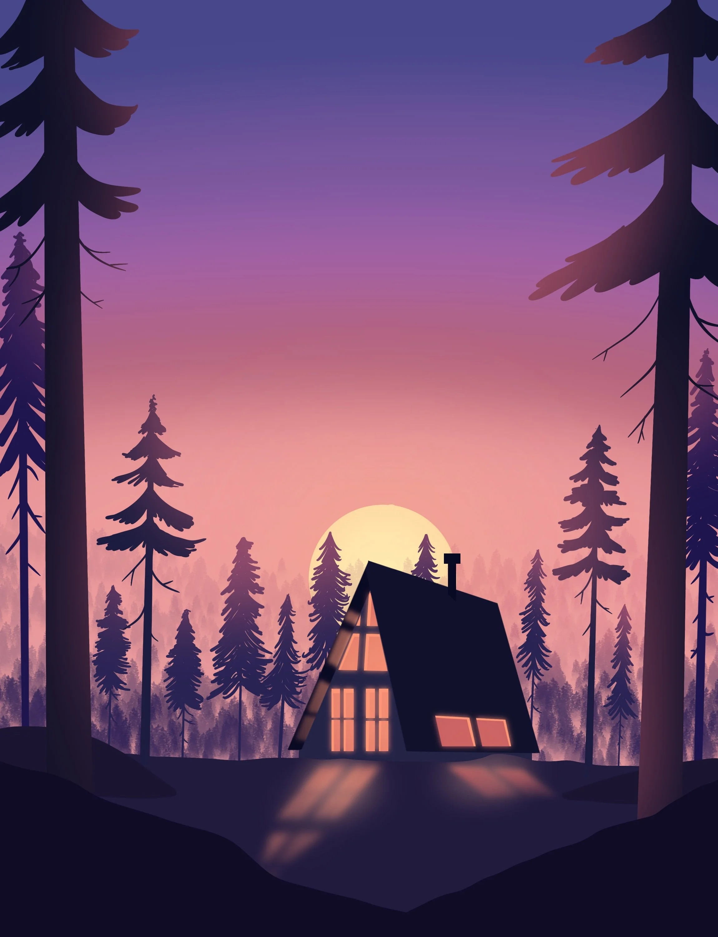 Illustration of a cabin at sunset within a forest