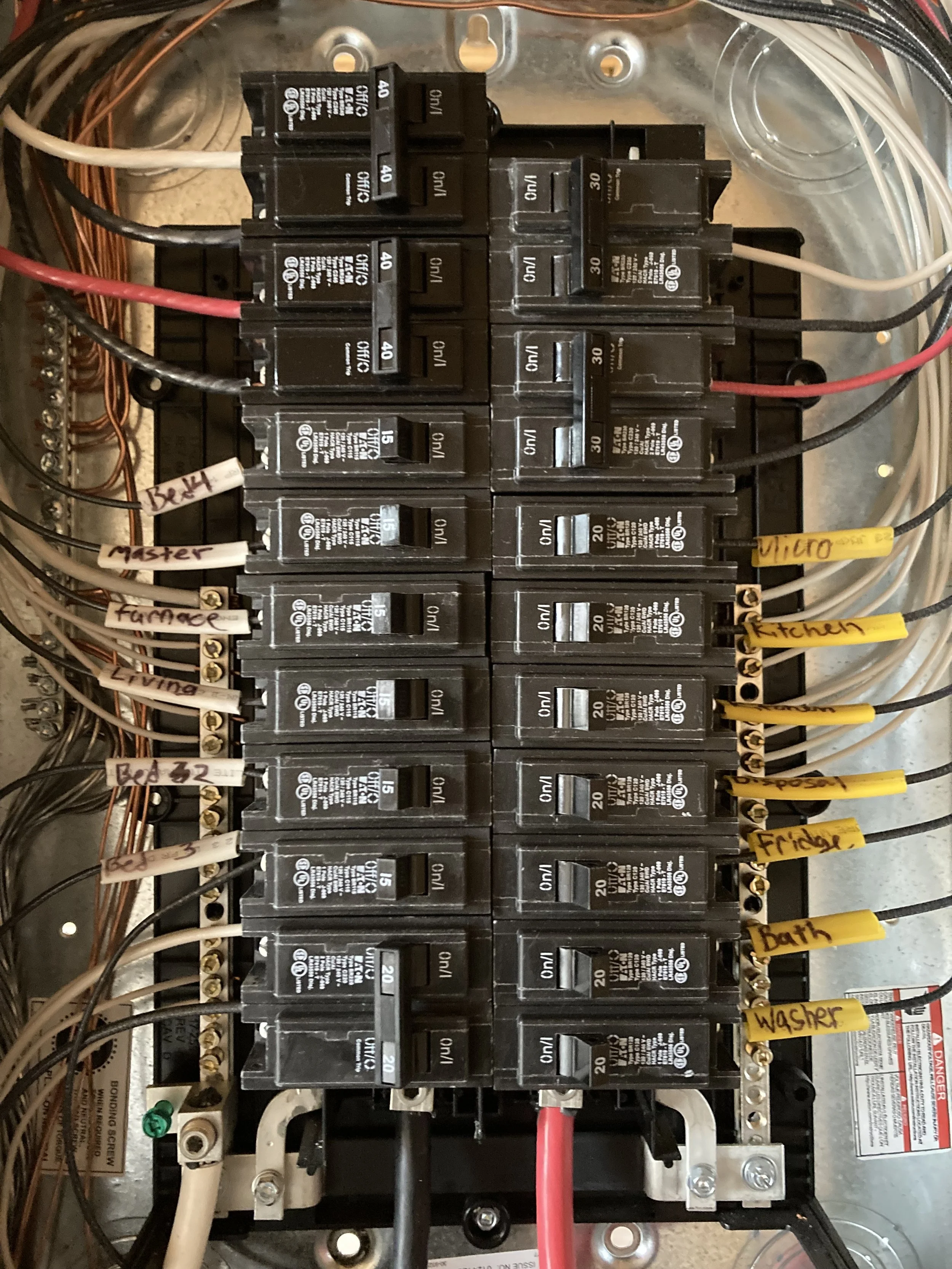 An electrical panel with circuit breakers labeled for different household areas such as 'Master', 'Furnace', 'Living', and 'Bed 3', with wires connected to the breakers.