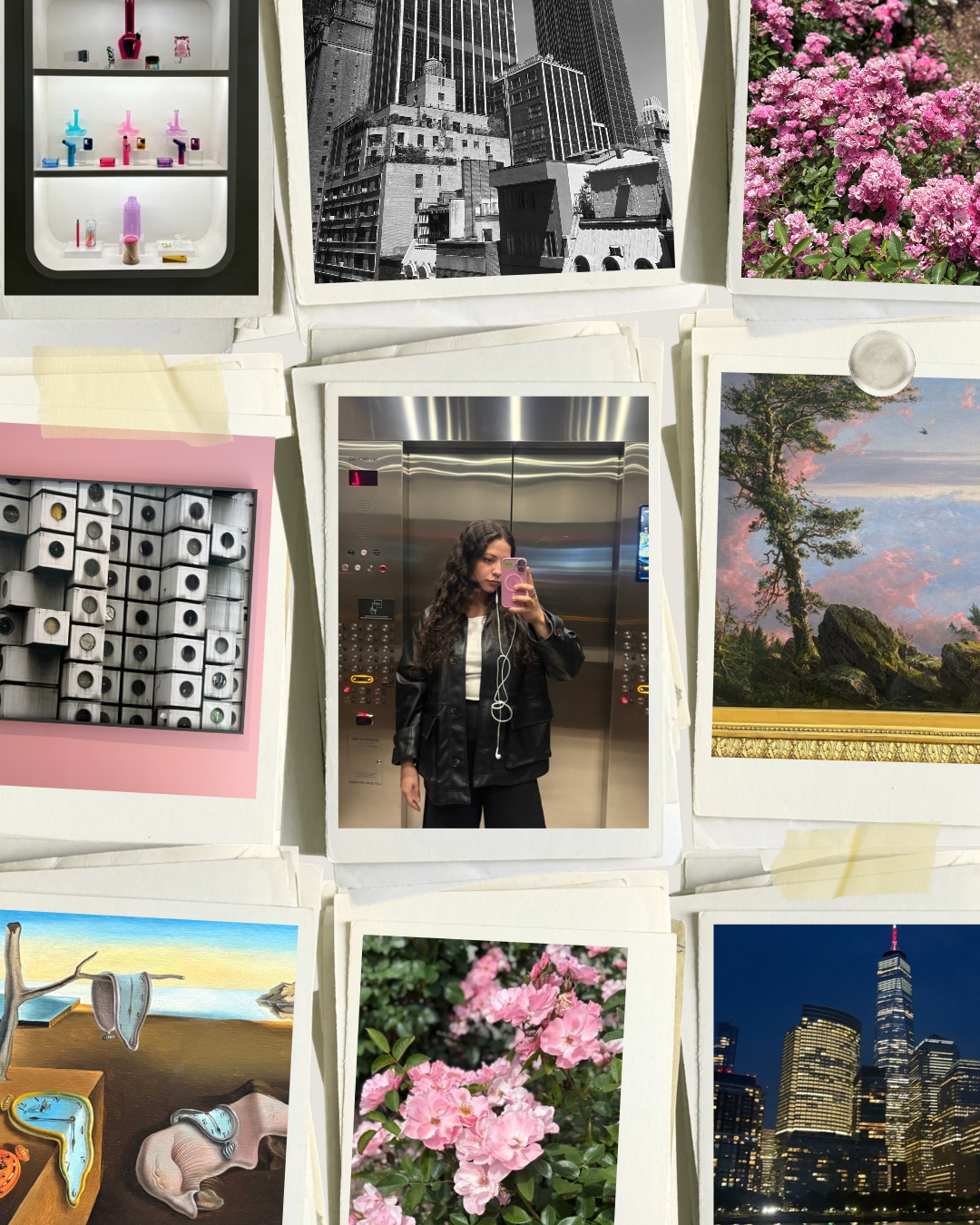 A collage of various photos, a mirror selfie at the center surrounded by New York cityscapes, artworks and nature.