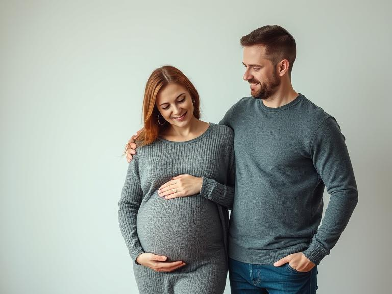 Nainen ja mies seisovat. Mies pitää toista kättään naisen harteilla ja toista taskussa. Nainen pitää käsiään raskausvatsalla.