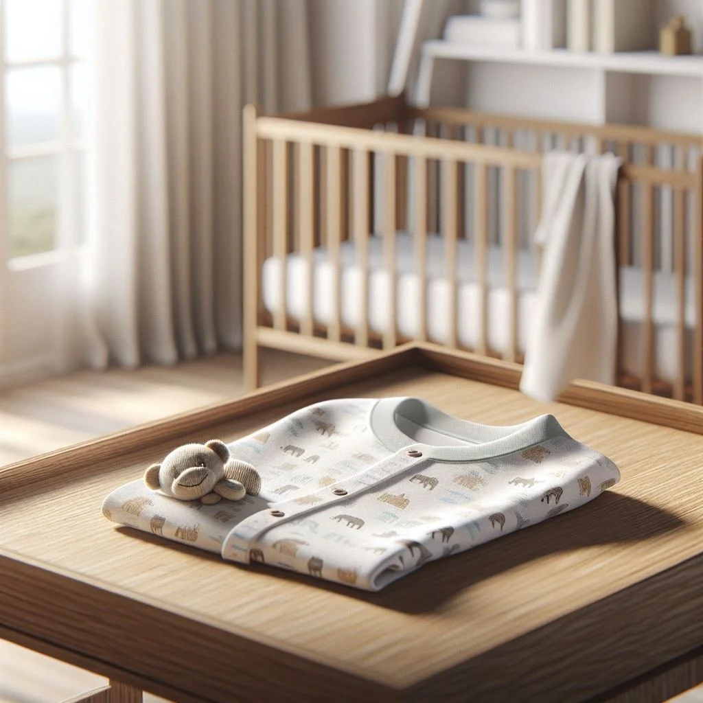 Taustalla pinnasänky, etualalla pöytä, jonka päällä on viikattu vauvanvaate sekä pieni nalle.