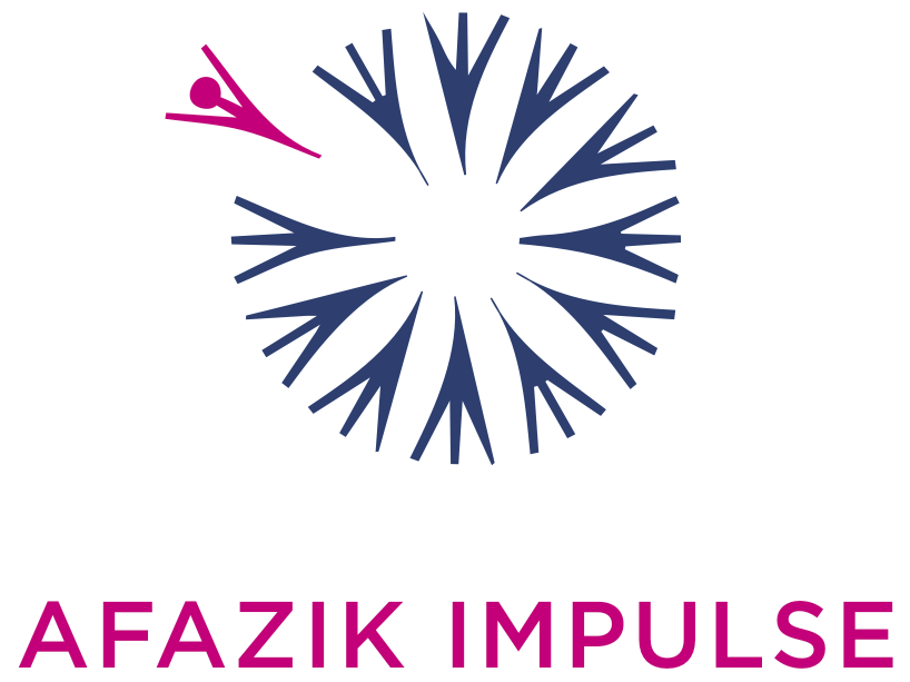 Logo featuring a stylized navy blue firework or explosion shape with the pink silhouette of a person jumping off at the top left, and the text 'AFAZIK IMPULSE' in pink capital letters below.