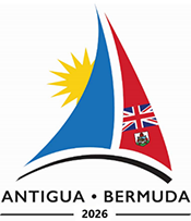Logo of Antigua and Bermuda for 2026 featuring a sailboat with a yellow sun and the flags of the two locations, with text 'Antigua Bermuda 2026'.