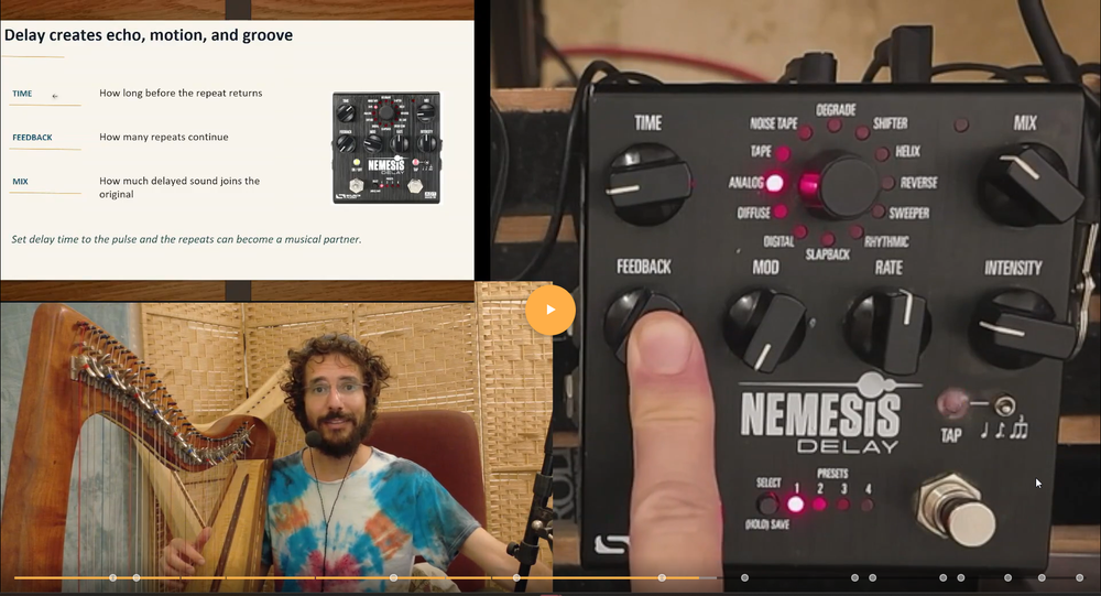 Harp Amplification and Effects workshop showing Simcha, harp, slides, and a Nemesis delay pedal.
