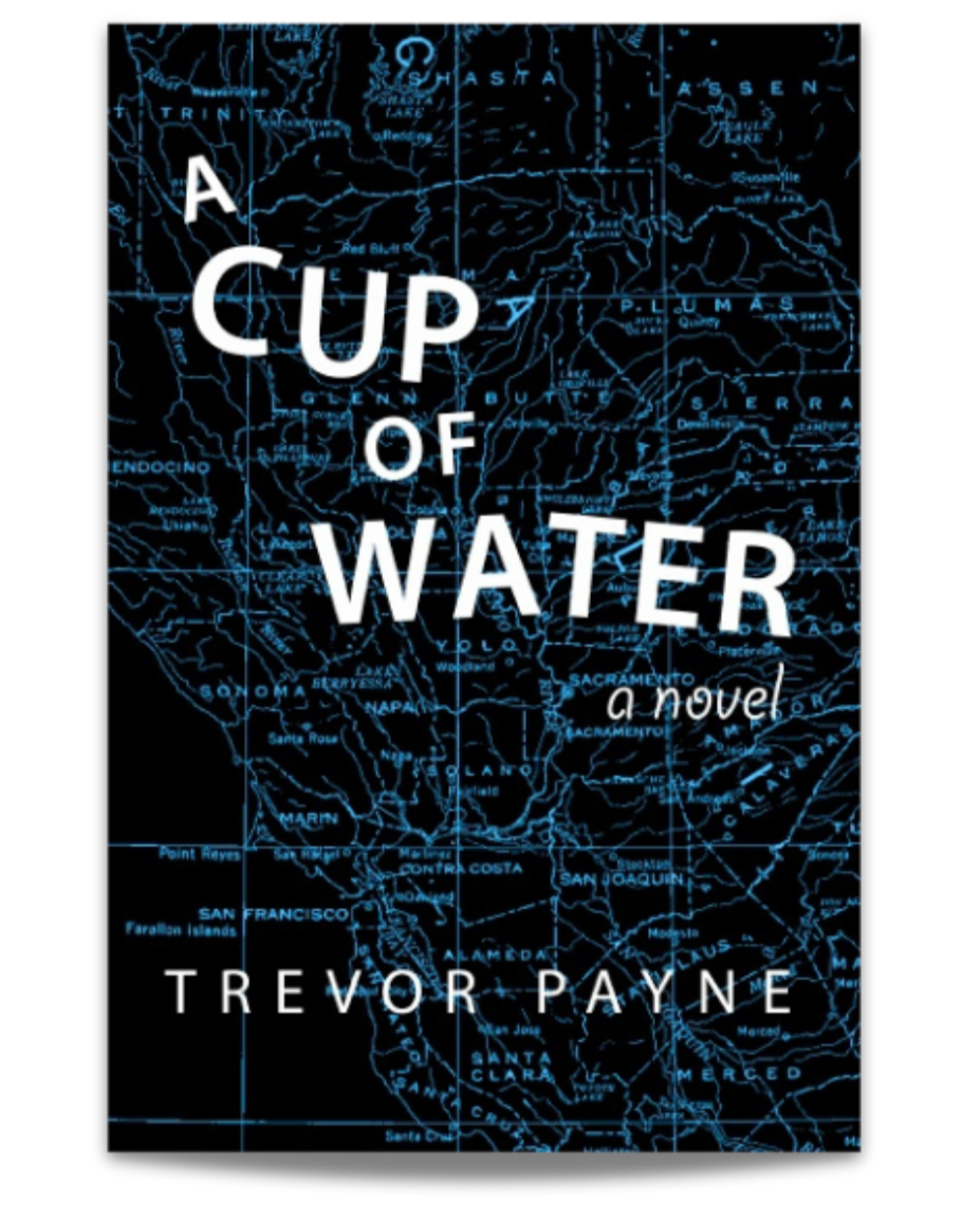 Book cover for 'A Cup of Water' by Trevor Payne, featuring a dark background with a map of California in blue.