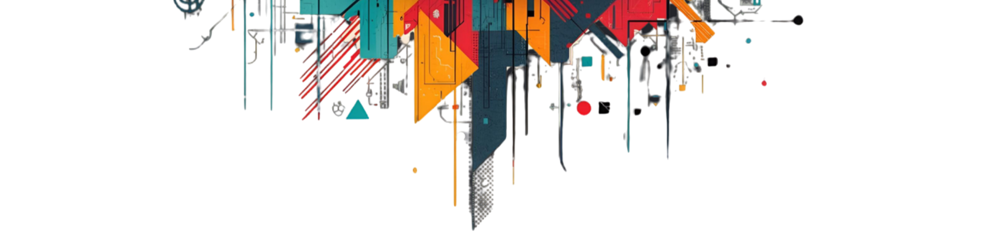 Abstract digital illustration featuring geometric shapes and circuitry patterns in red, orange, blue, and black.