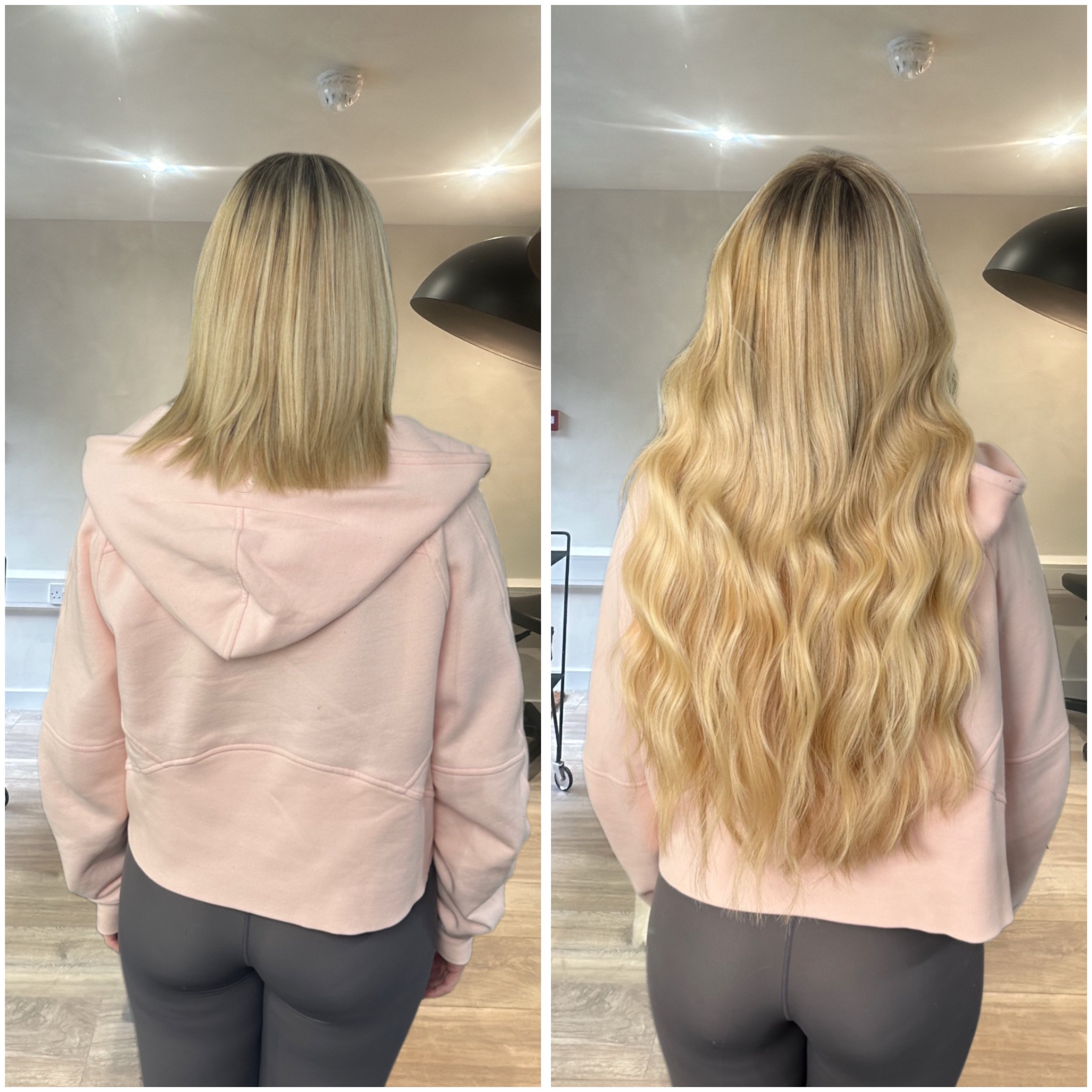 Back view of a woman before and after a hair transformation, showing shoulder-length blonde hair before and long wavy blonde hair after, in an indoor setting.