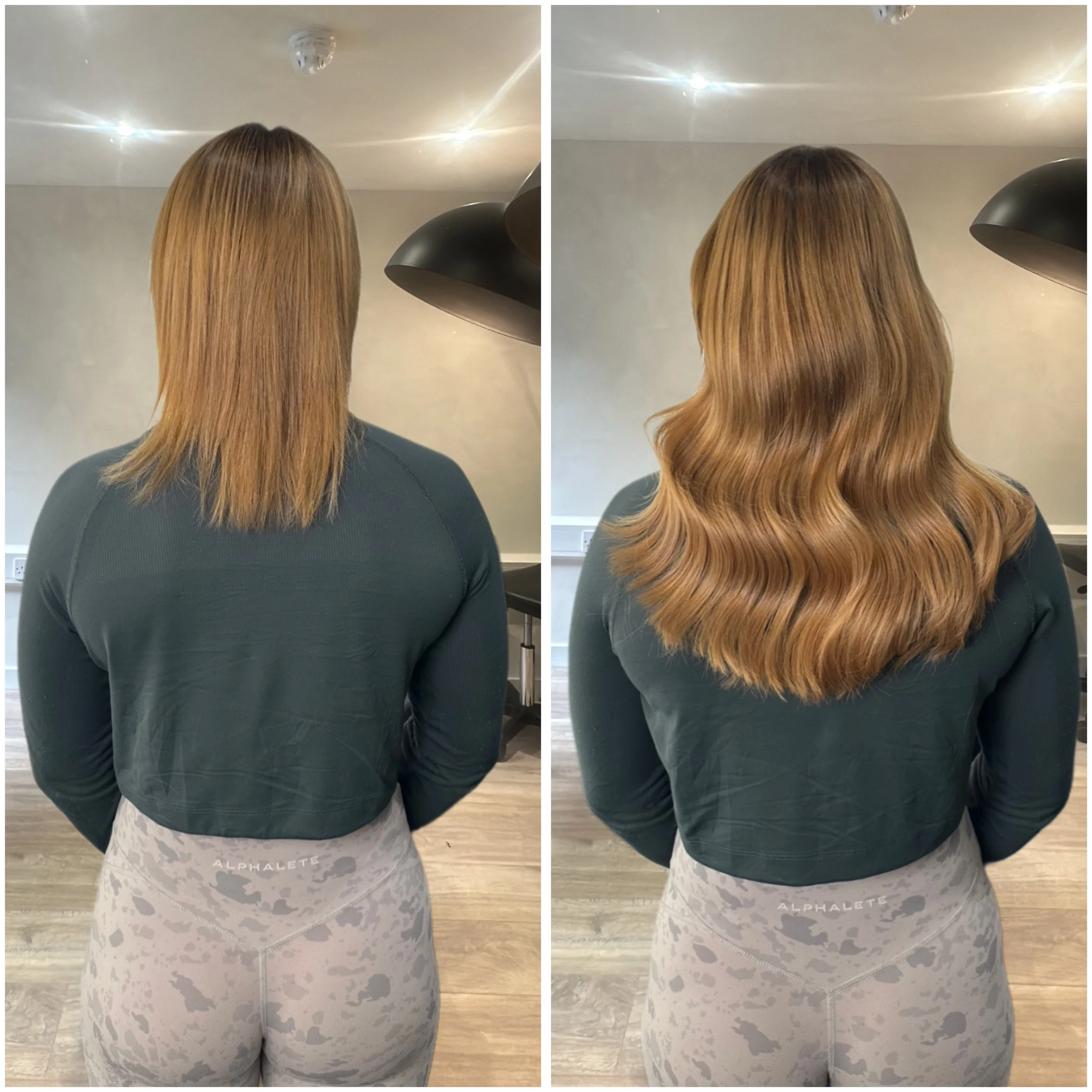 Side-by-side comparison of a woman with straight hair before and after a hairstyling, showing shoulder-length straight hair on the left and long, wavy, styled hair on the right.