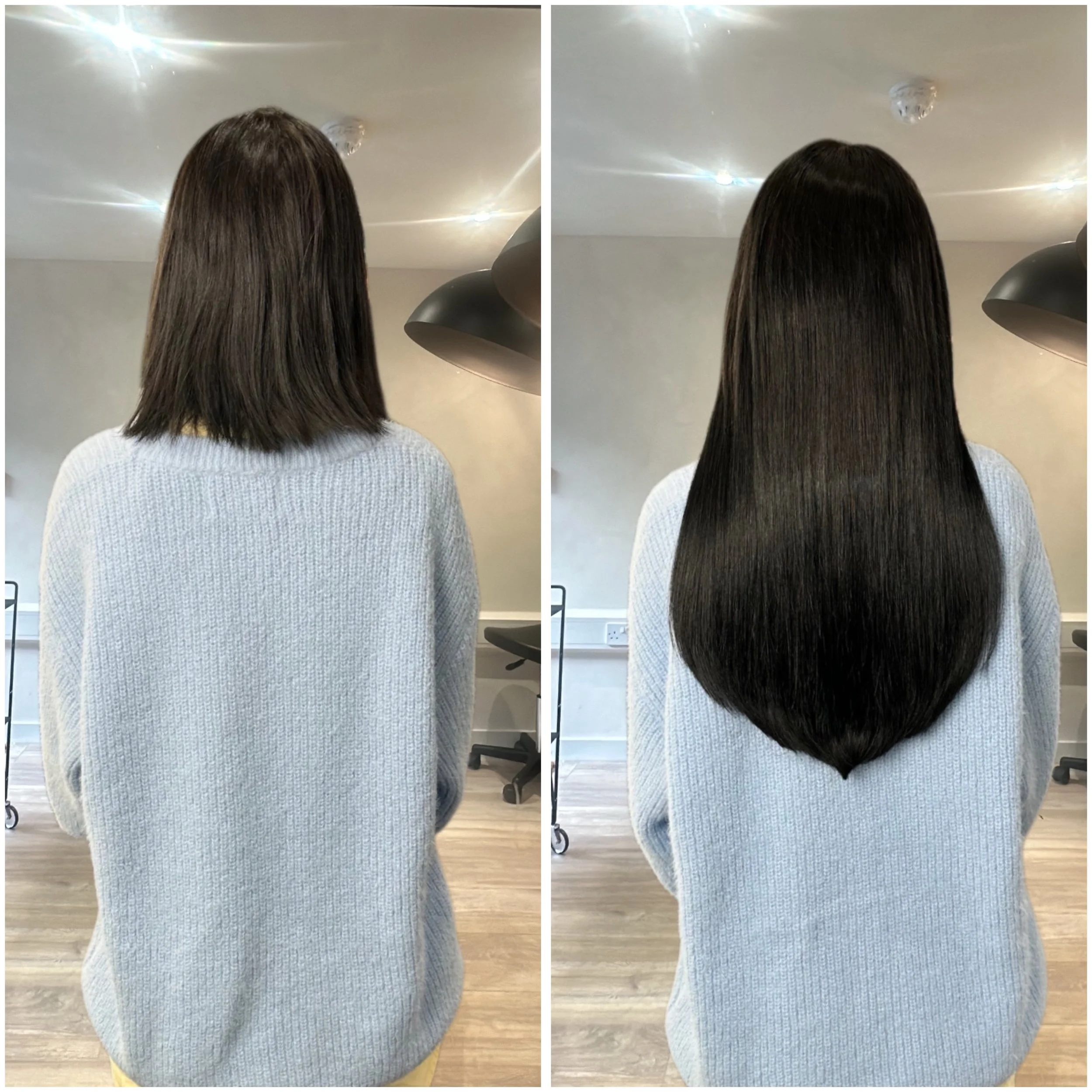 Side-by-side comparison of a woman with shoulder-length hair before and after a hair treatment, showing longer, darker, and straighter hair in the after photo.
