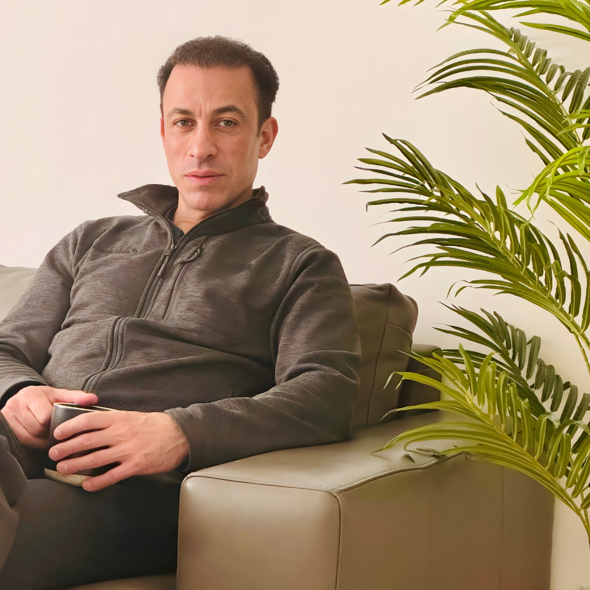 Andonis Petrou, Founder + CEO of Teclab Ltd, sitting on a beige leather sofa holding a mug with a potted green plant next to him.
