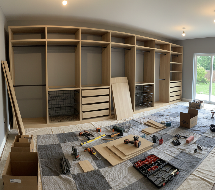 Unfinished wooden closet with multiple compartments, shelves, and drawers in a room under renovation. Tools and materials are spread on the floor, preparing for assembly.